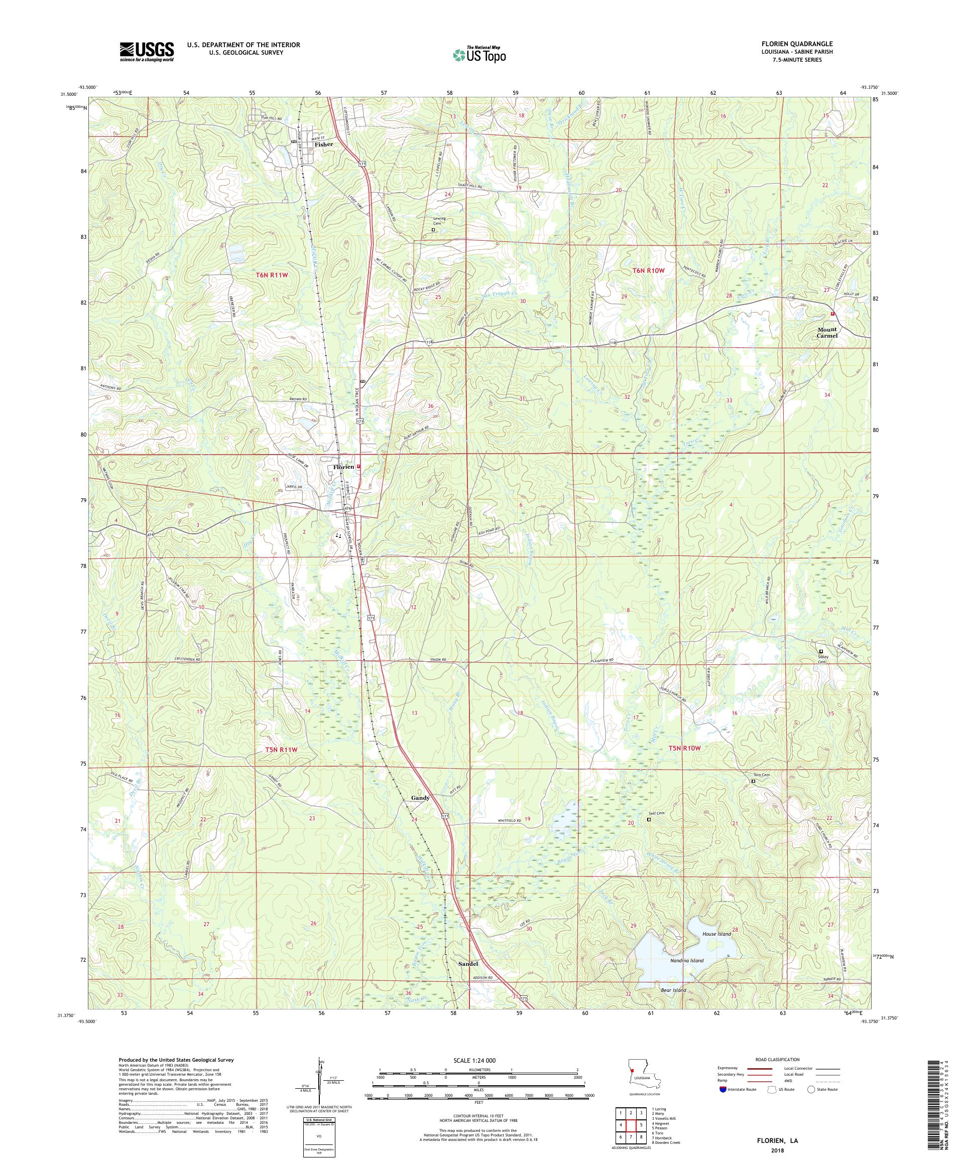 MyTopo Florien, Louisiana USGS Quad Topo Map