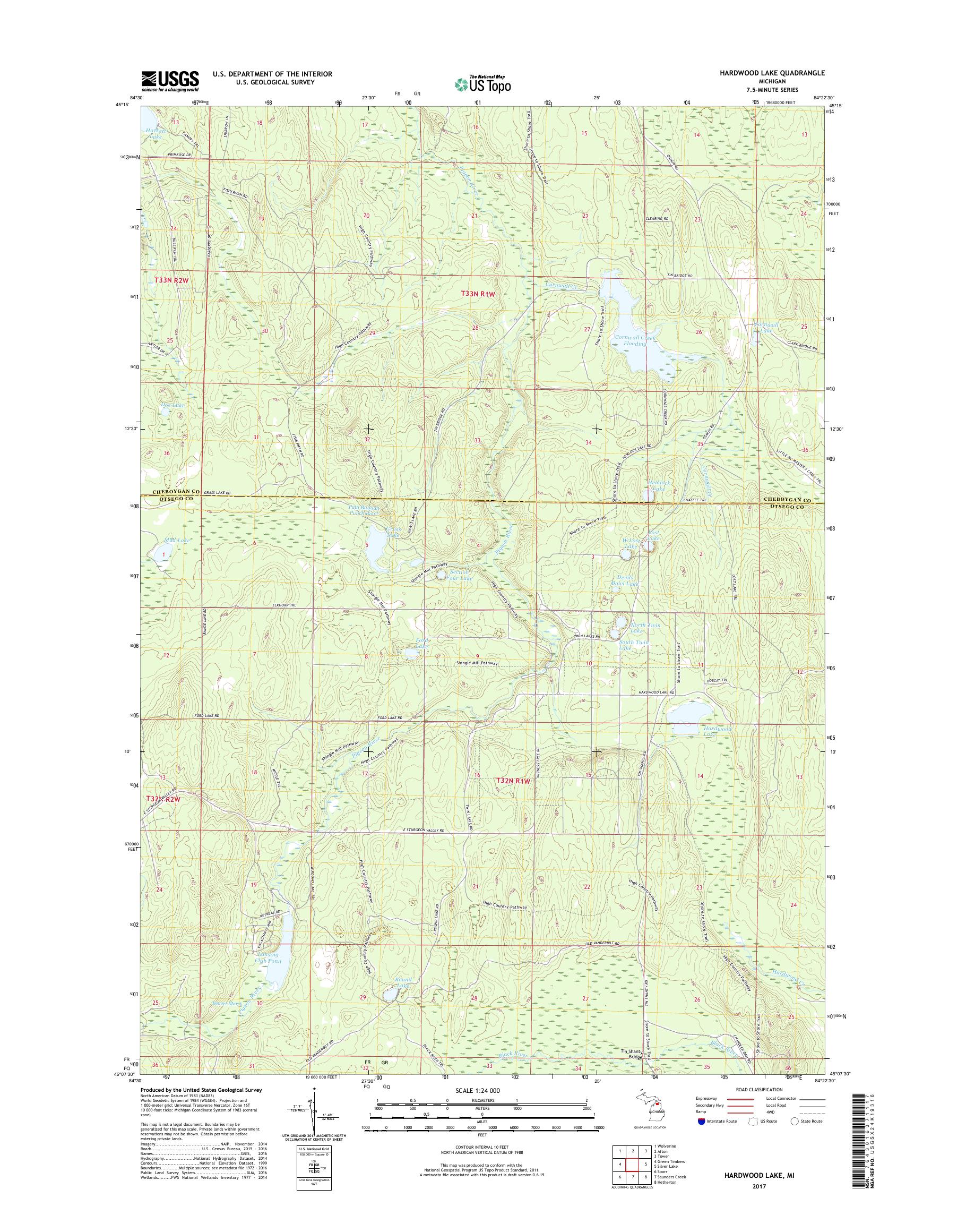 MyTopo Hardwood Lake, Michigan USGS Quad Topo Map