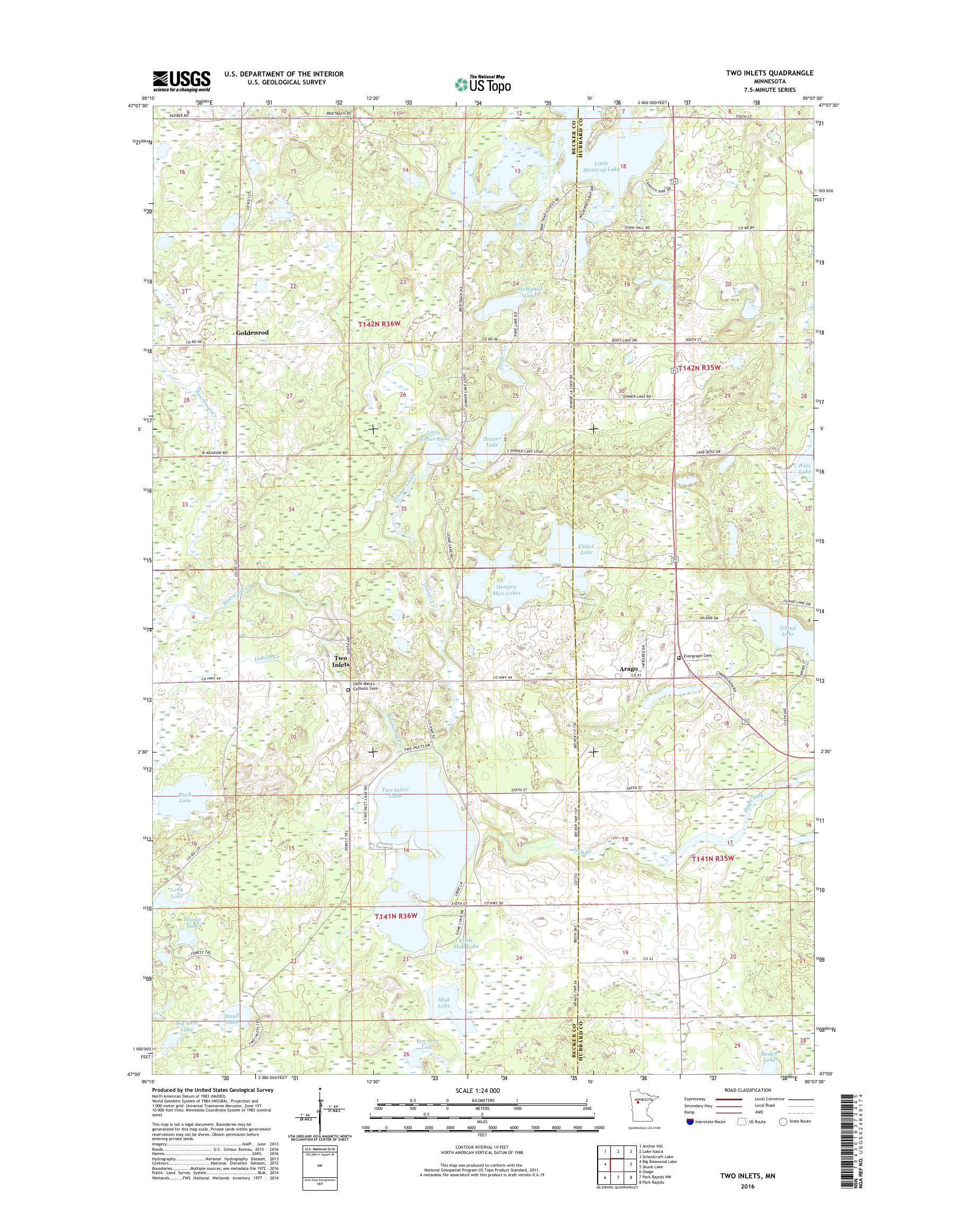 Mytopo two inlets minnesota usgs quad topo map