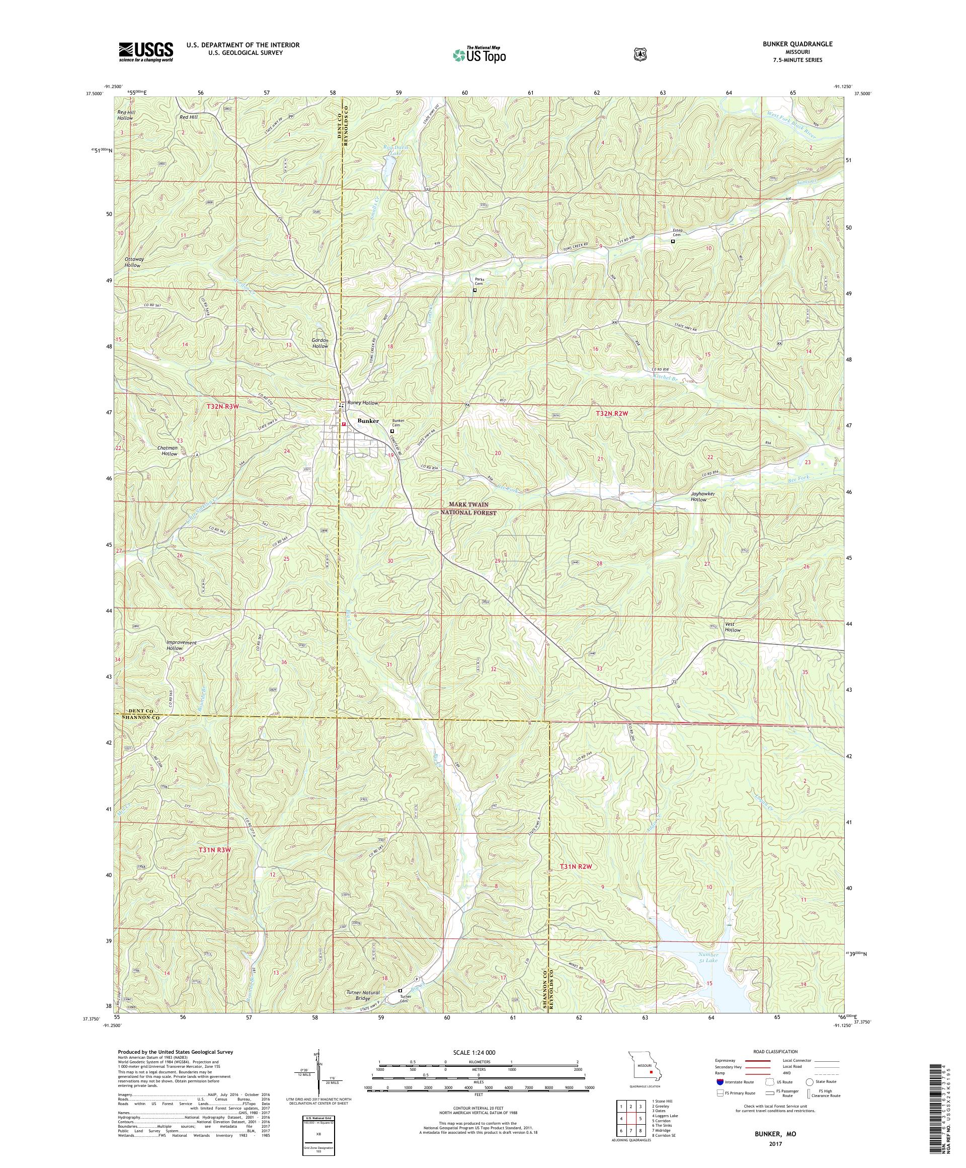 MyTopo Bunker, Missouri USGS Quad Topo Map