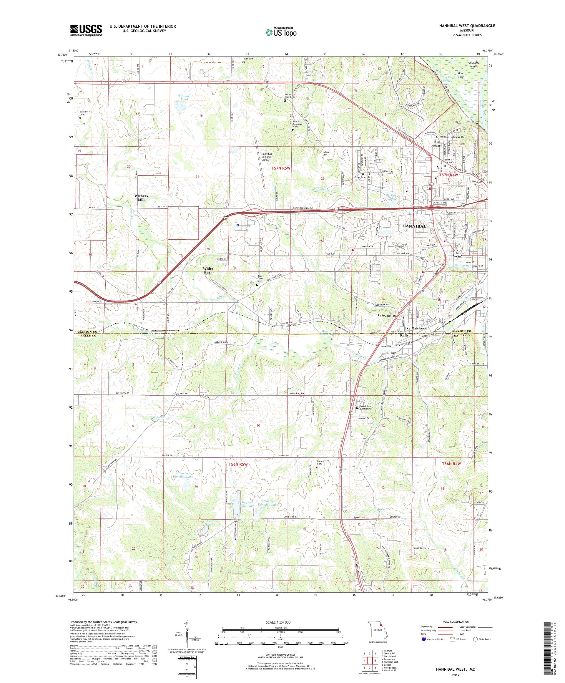 MyTopo Hannibal West, Missouri USGS Quad Topo Map