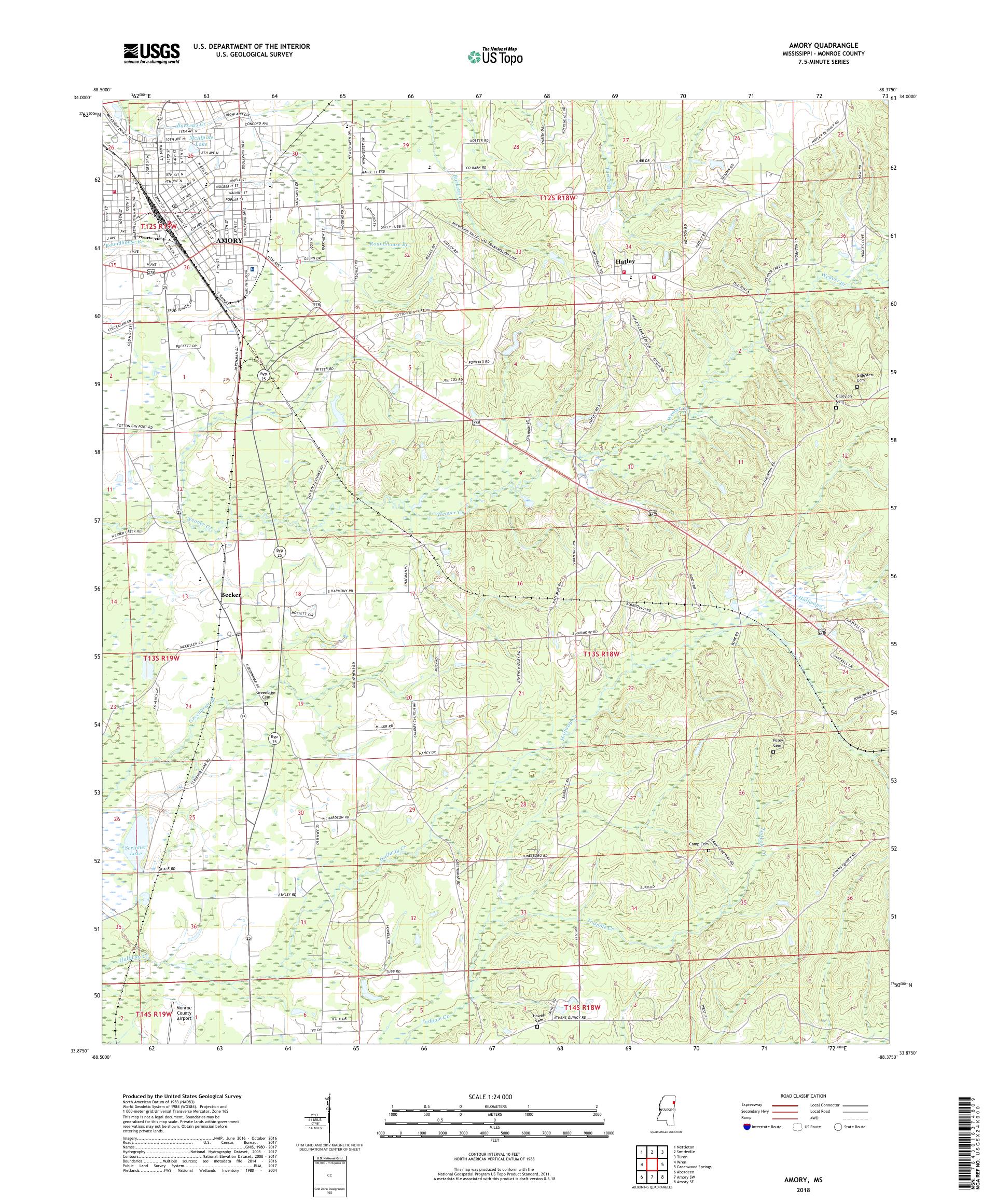 MyTopo Amory, Mississippi USGS Quad Topo Map