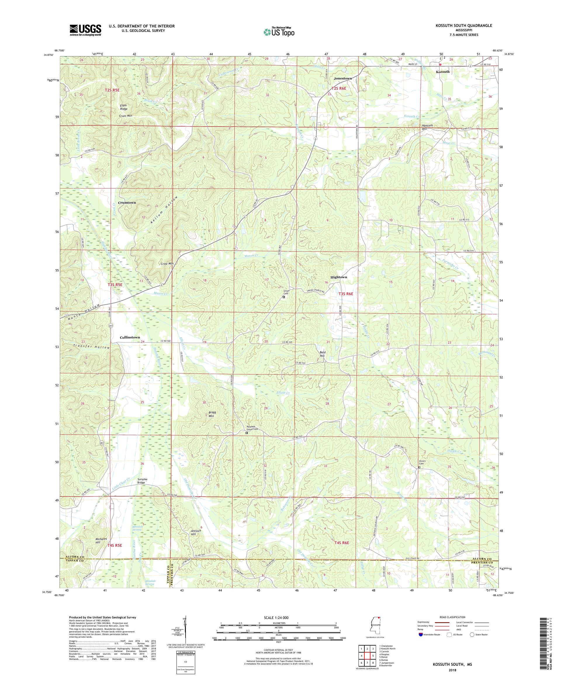 MyTopo Kossuth South, Mississippi USGS Quad Topo Map