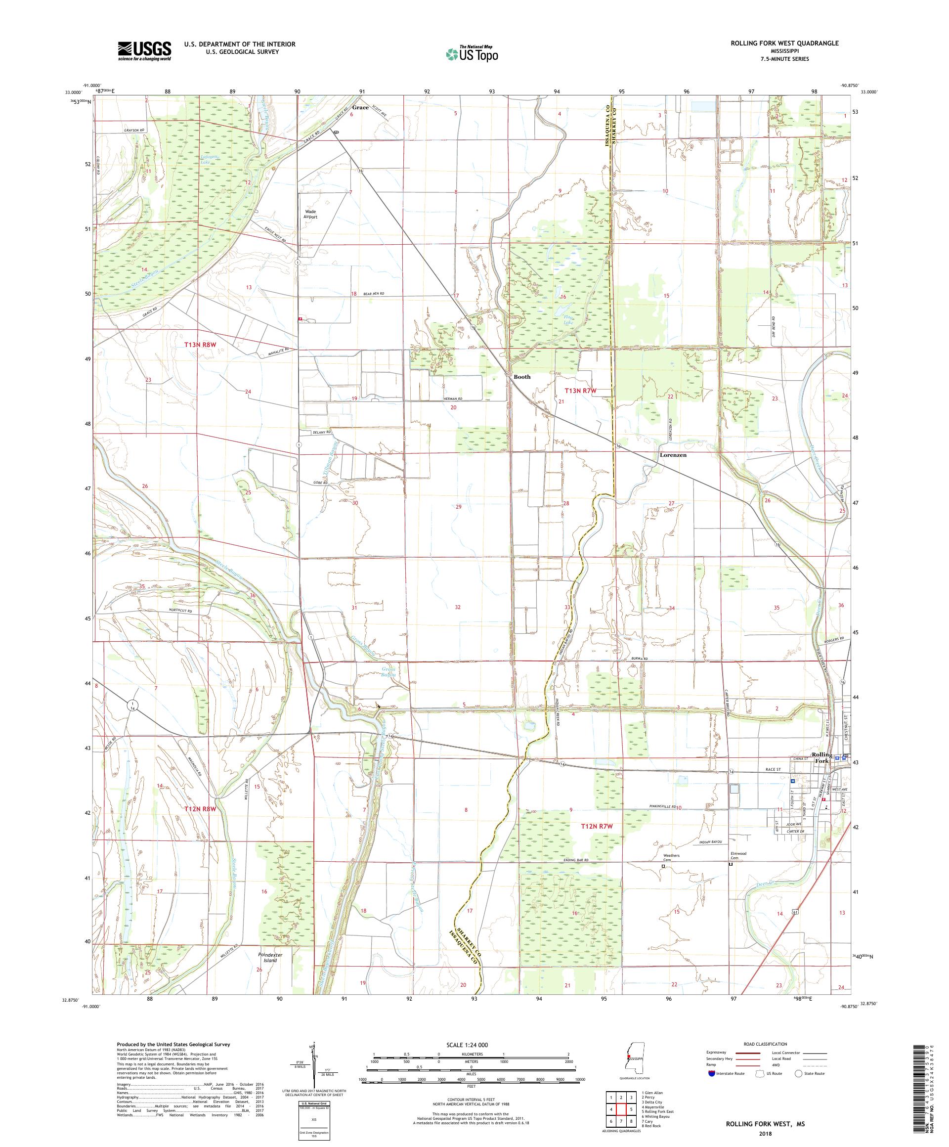 MyTopo Rolling Fork West, Mississippi USGS Quad Topo Map