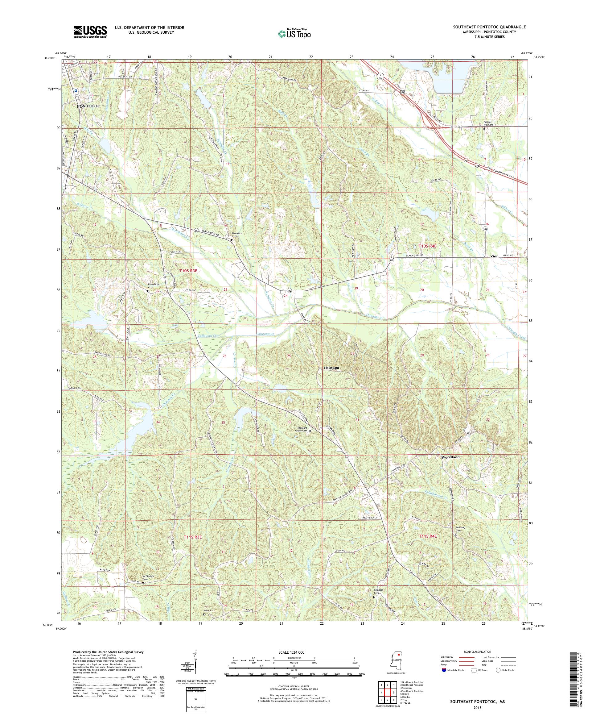 MyTopo Southeast Pontotoc, Mississippi USGS Quad Topo Map