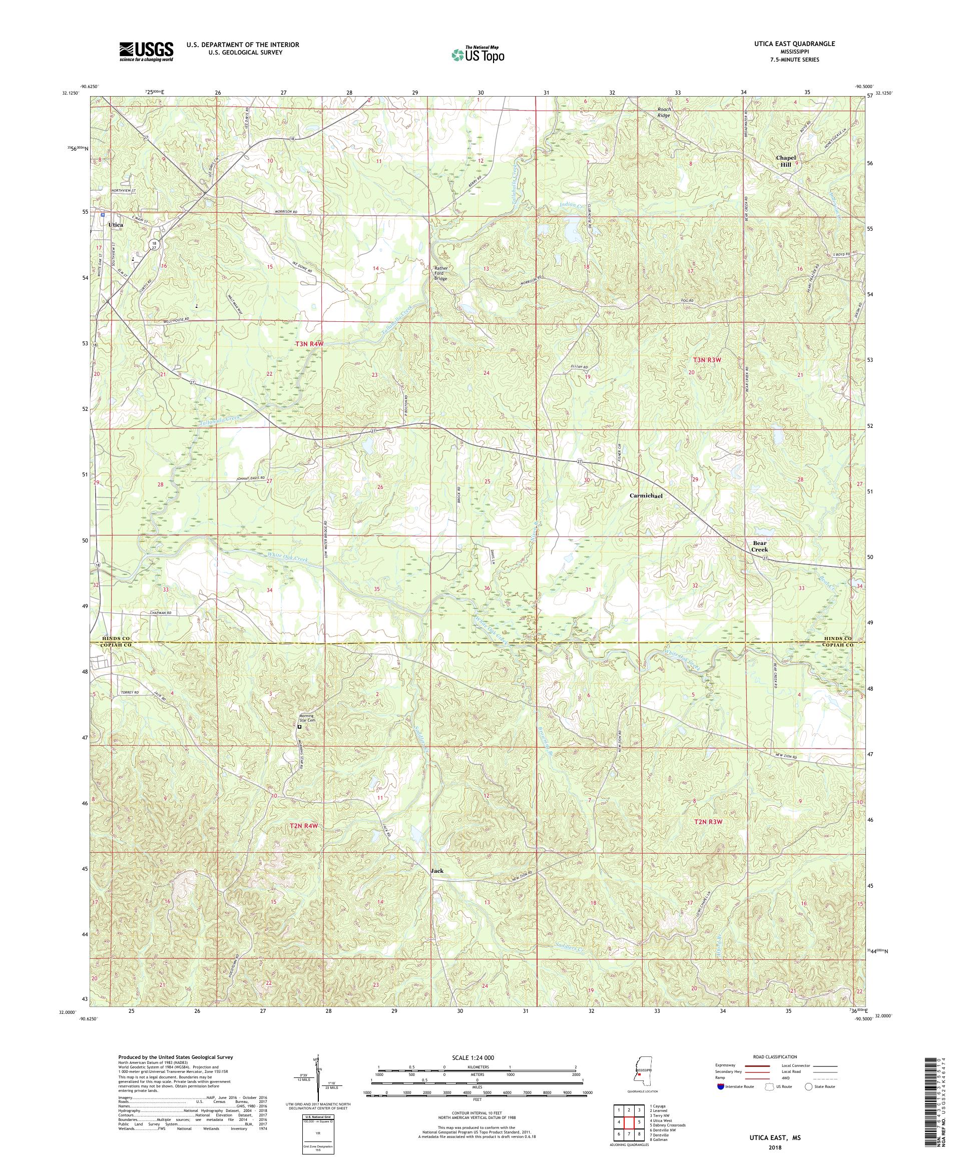 MyTopo Utica East, Mississippi USGS Quad Topo Map