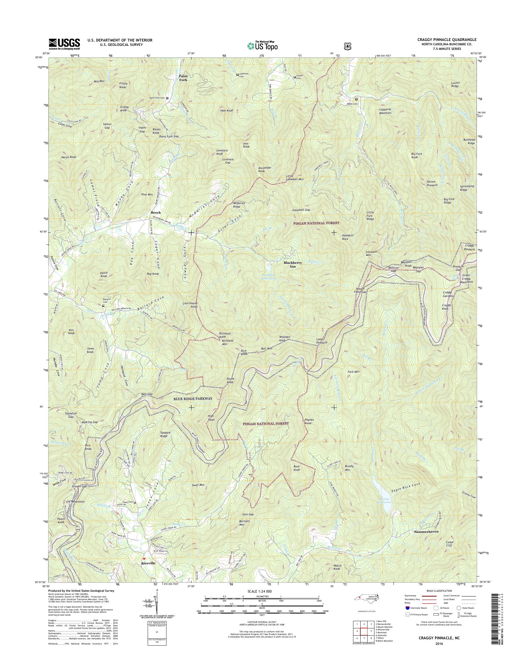 MyTopo Craggy Pinnacle, North Carolina USGS Quad Topo Map