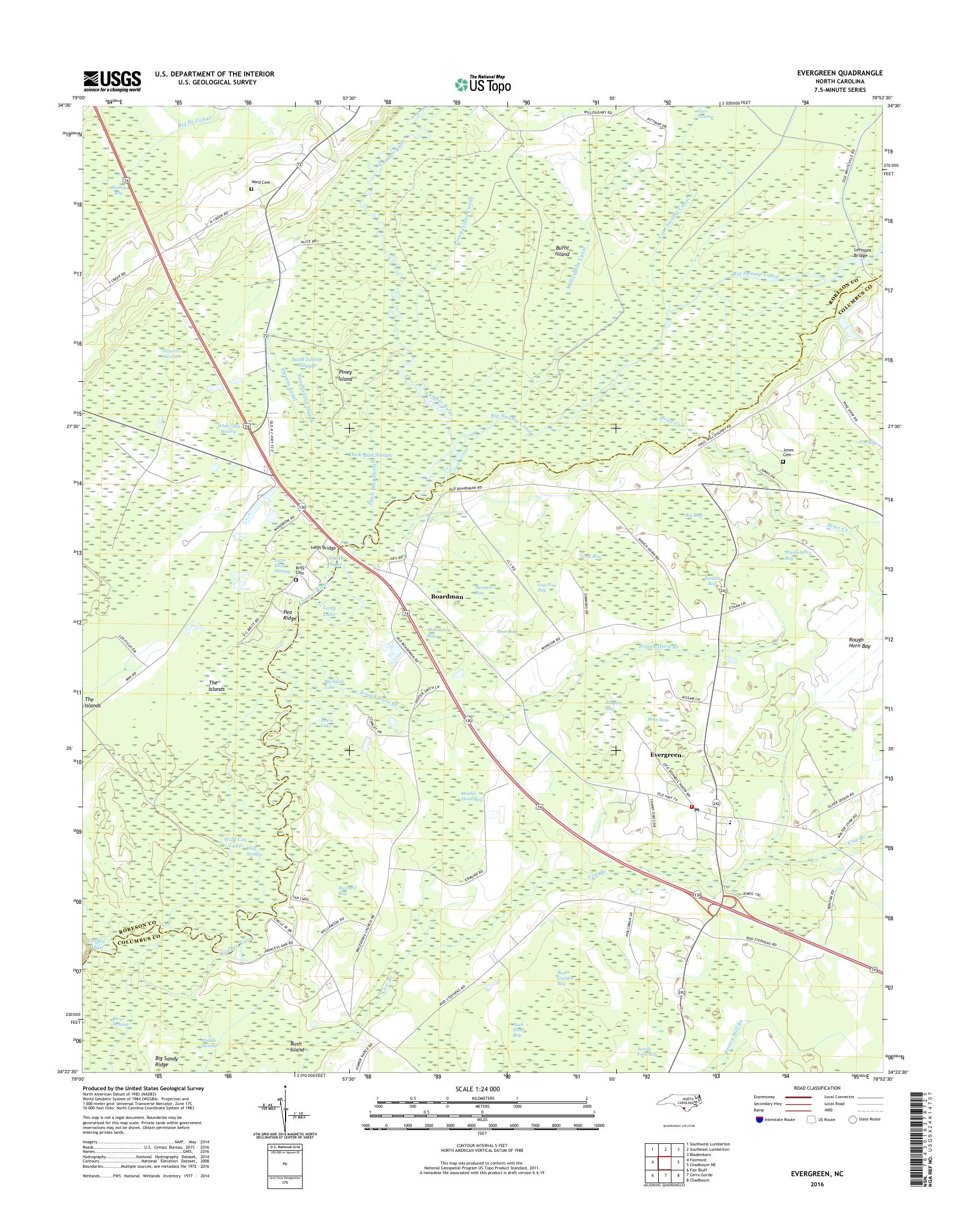 MyTopo Evergreen, North Carolina USGS Quad Topo Map