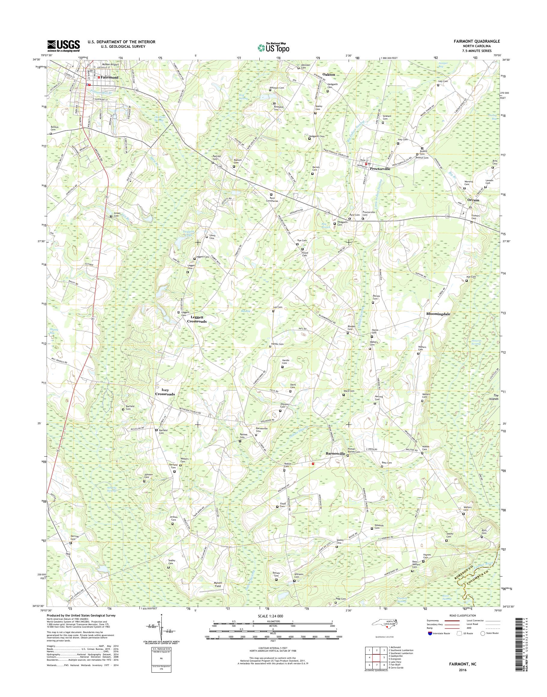 MyTopo Fairmont, North Carolina USGS Quad Topo Map