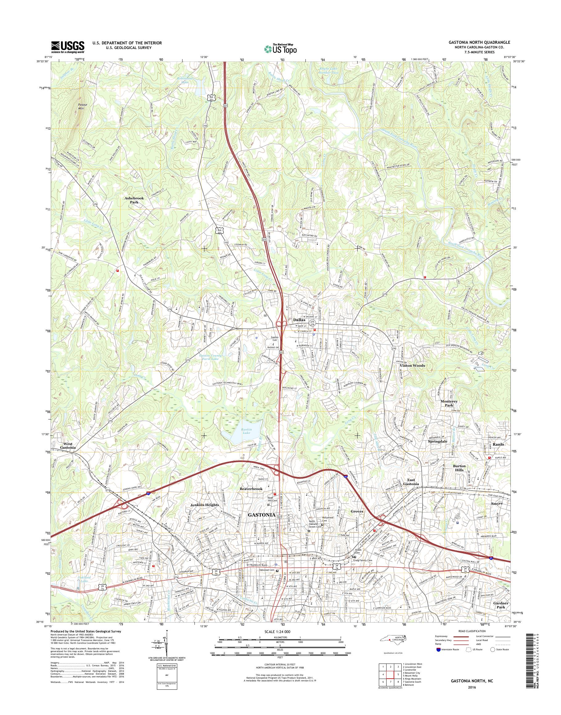 MyTopo Gastonia North, North Carolina USGS Quad Topo Map