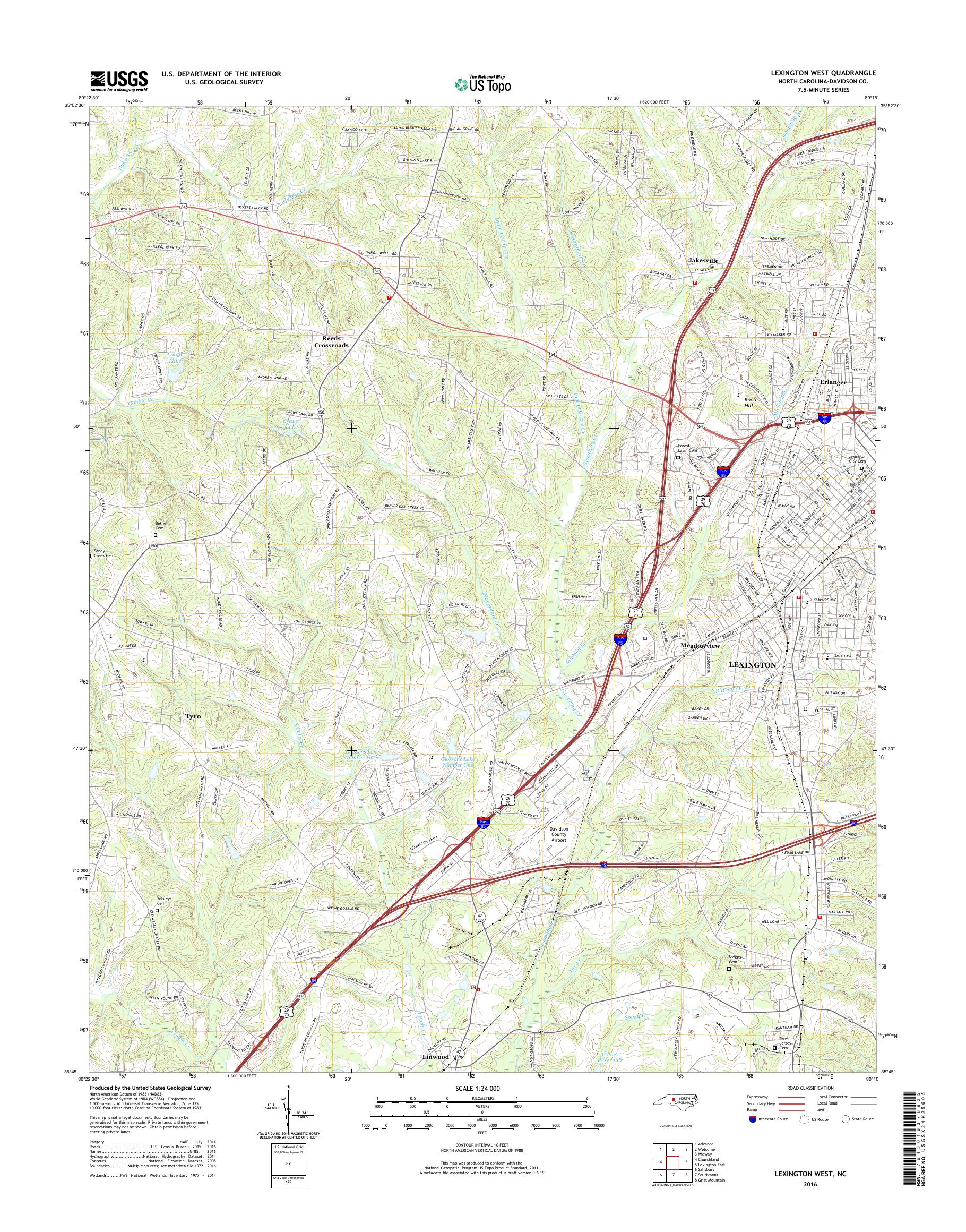 MyTopo Lexington West, North Carolina USGS Quad Topo Map