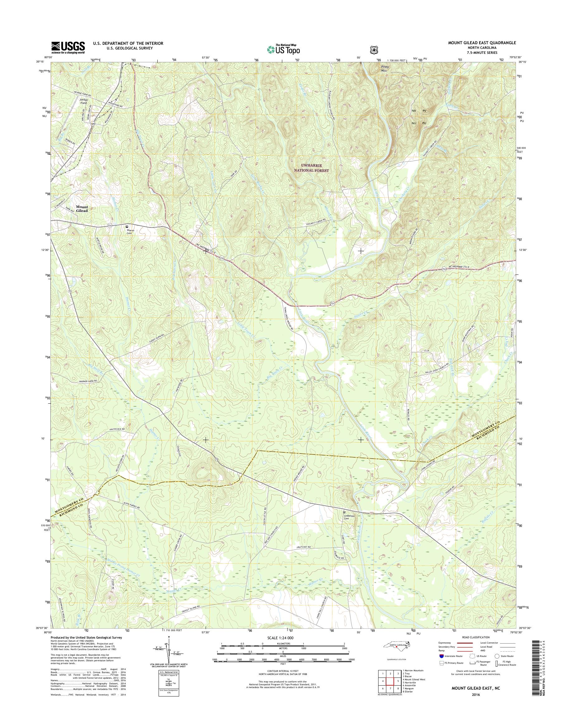 MyTopo Mount Gilead East, North Carolina USGS Quad Topo Map