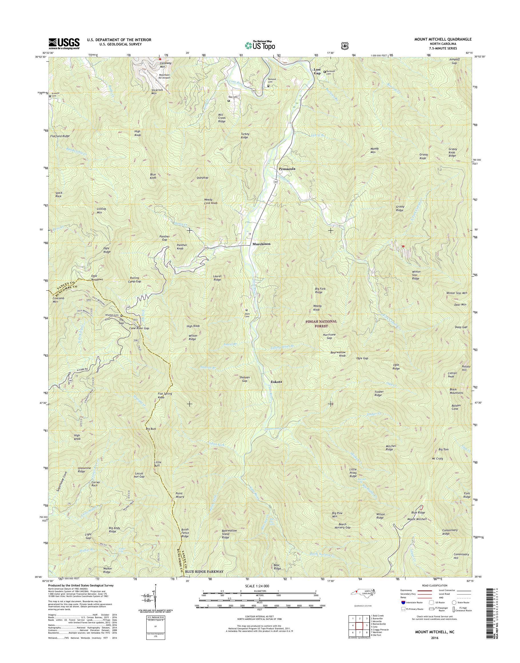 MyTopo Mount Mitchell, North Carolina USGS Quad Topo Map