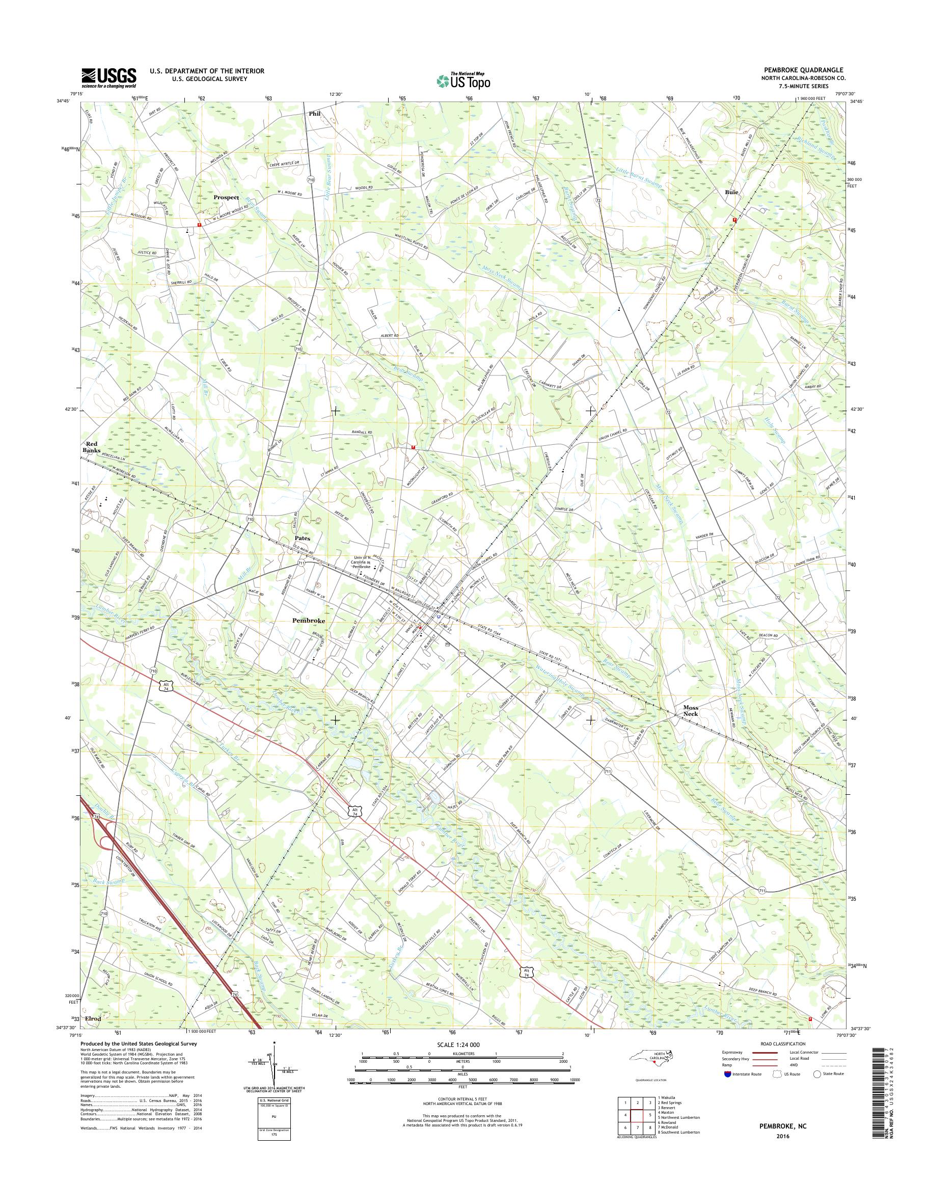 MyTopo Pembroke, North Carolina USGS Quad Topo Map