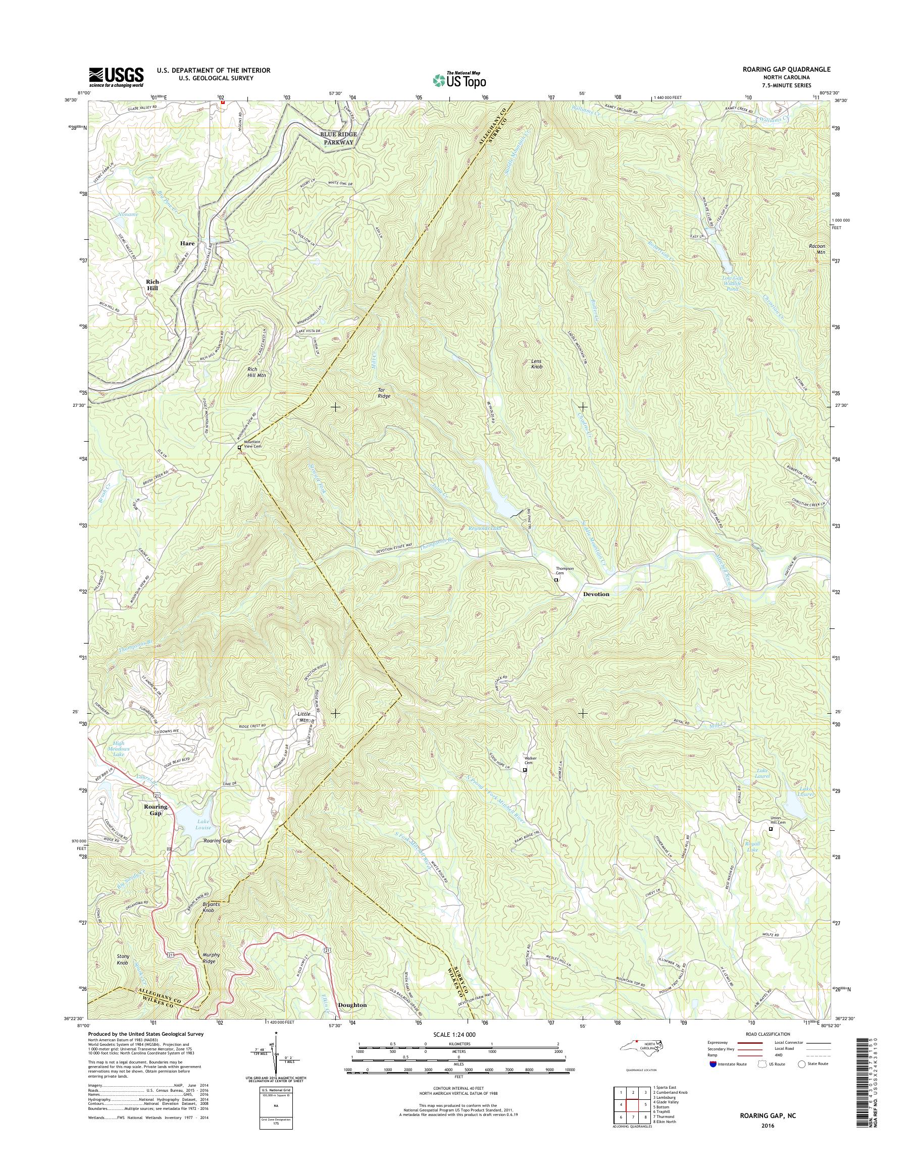 MyTopo Roaring Gap, North Carolina USGS Quad Topo Map