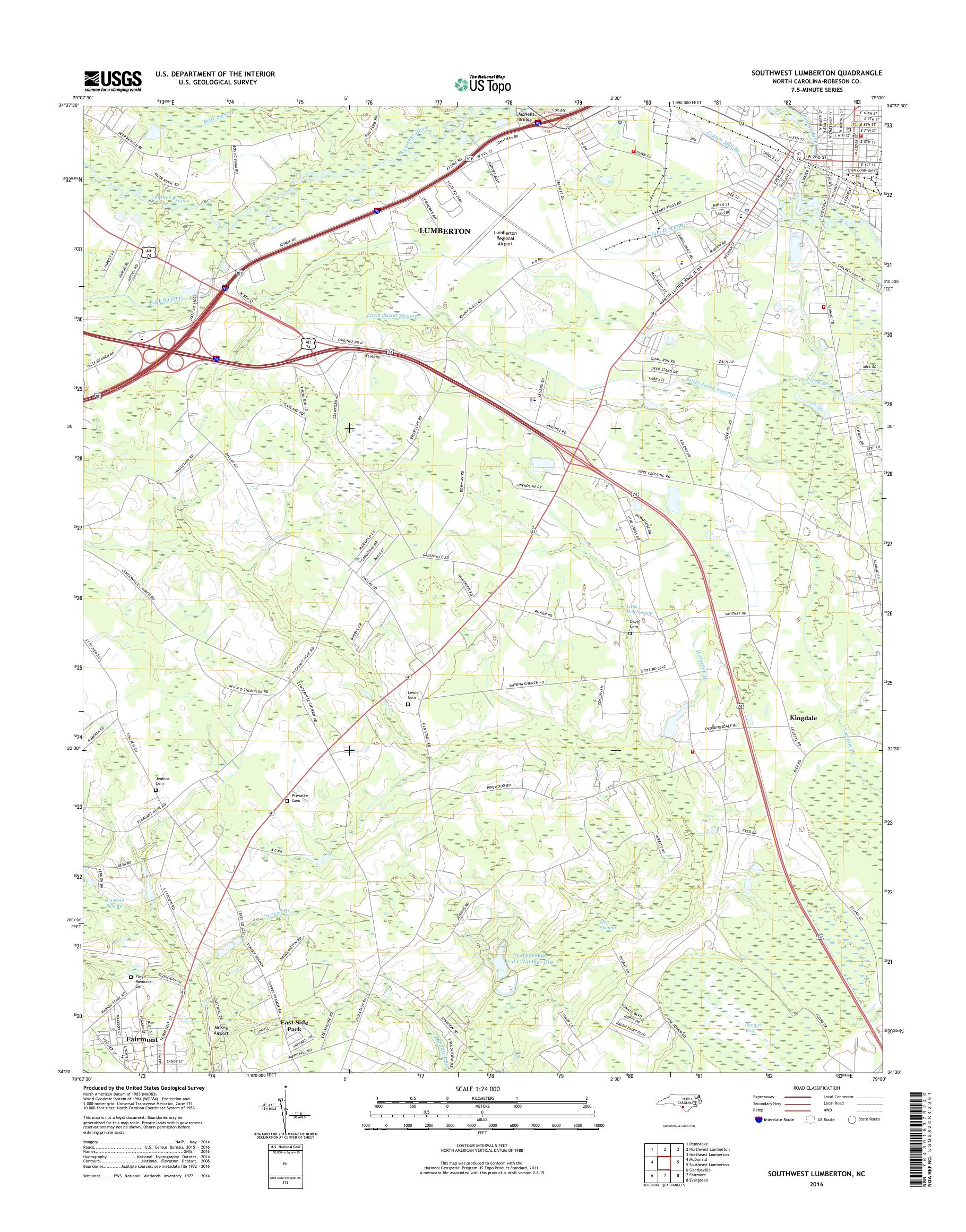MyTopo Southwest Lumberton, North Carolina USGS Quad Topo Map