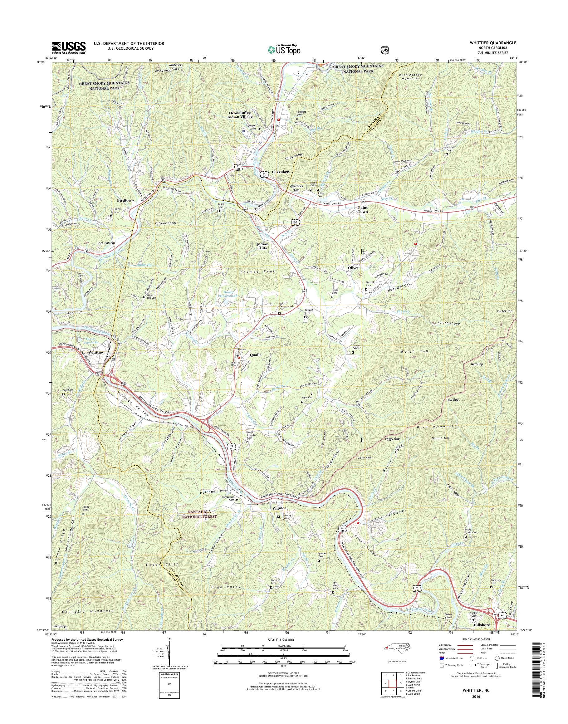 MyTopo Whittier, North Carolina USGS Quad Topo Map