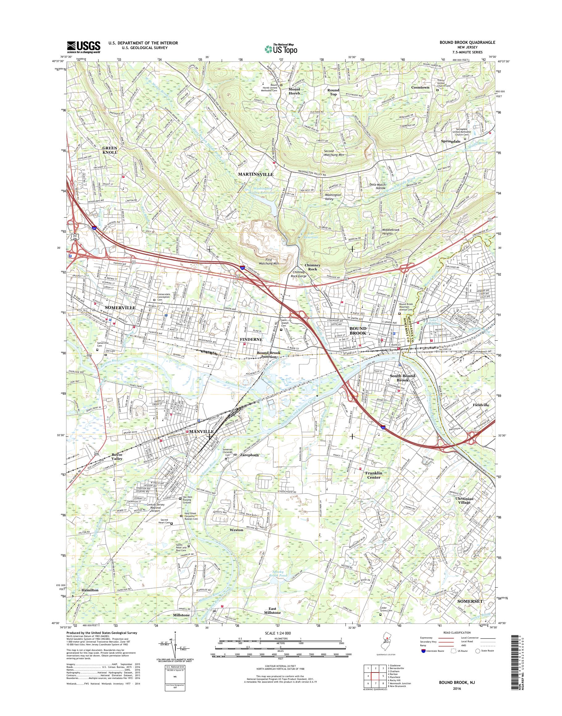 MyTopo Bound Brook, New Jersey USGS Quad Topo Map