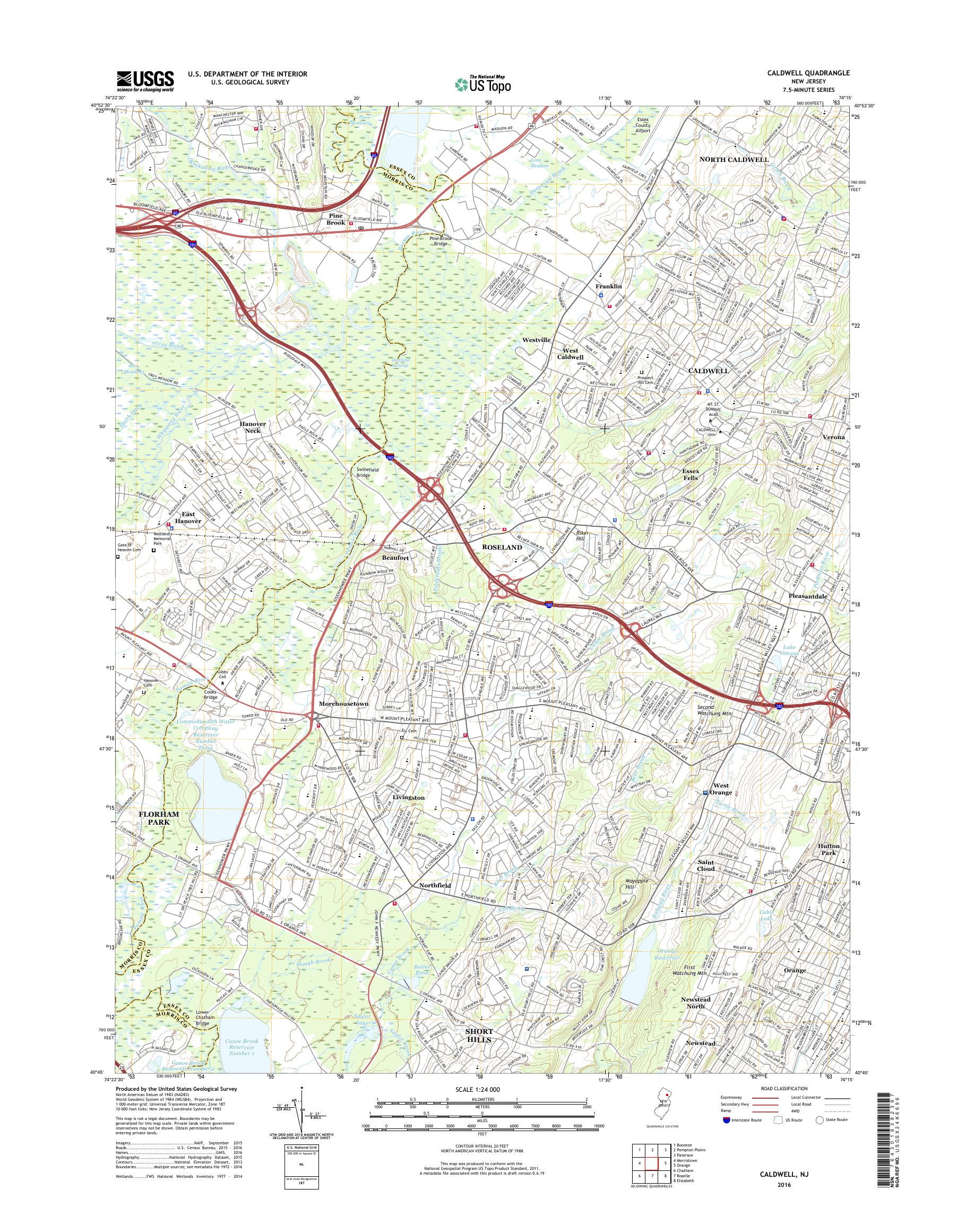 MyTopo Caldwell, New Jersey USGS Quad Topo Map