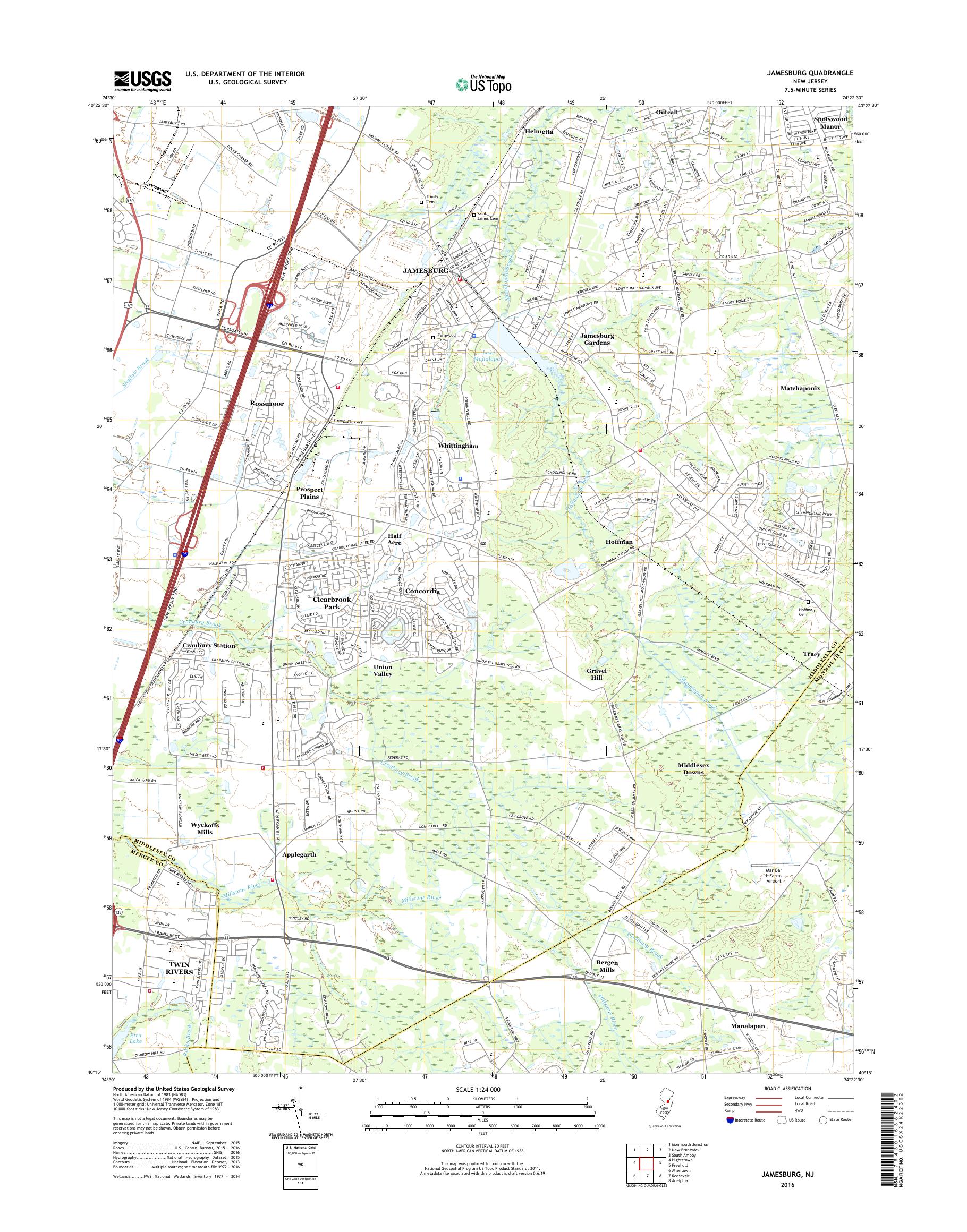 MyTopo Jamesburg, New Jersey USGS Quad Topo Map