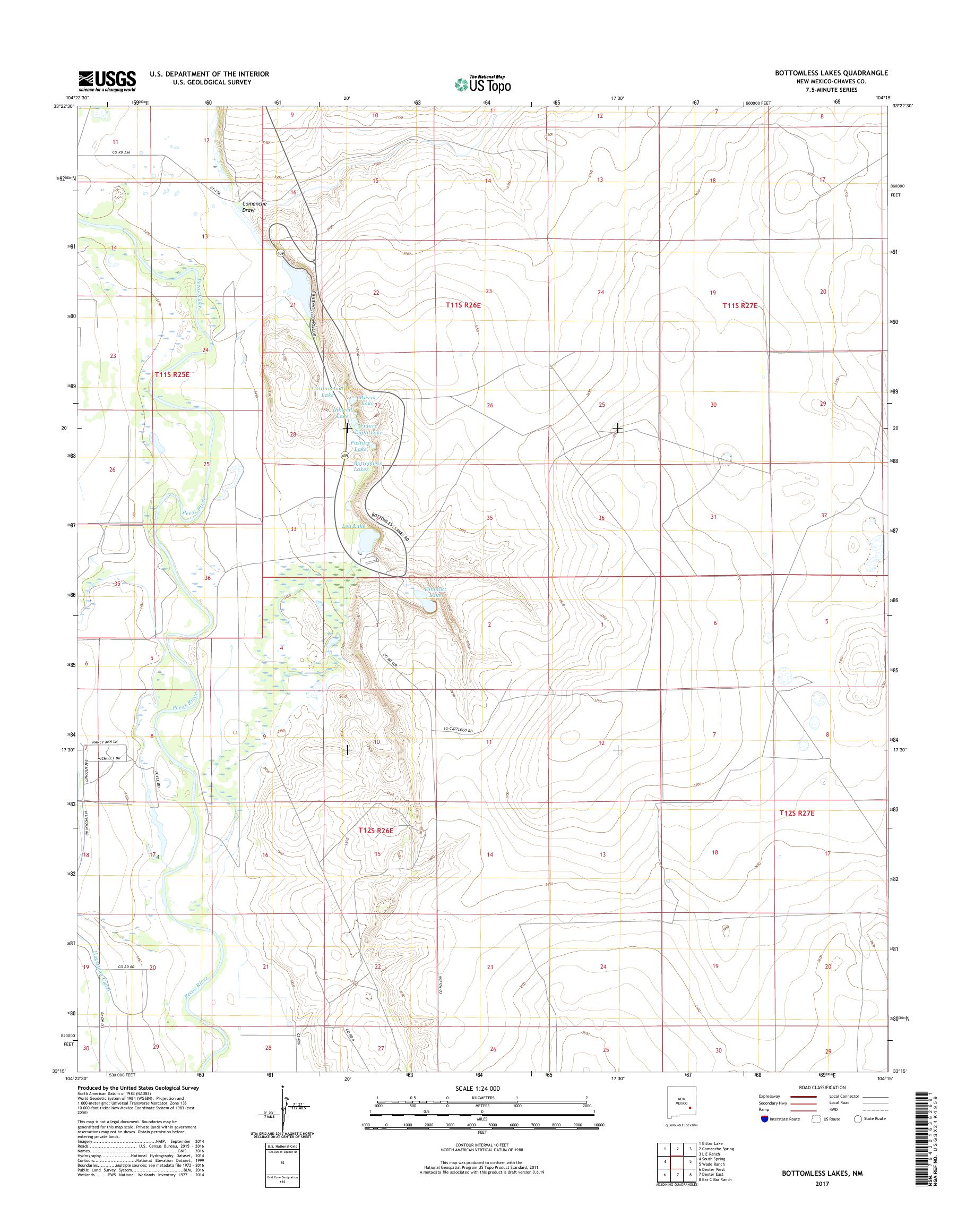 MyTopo Bottomless Lakes, New Mexico USGS Quad Topo Map
