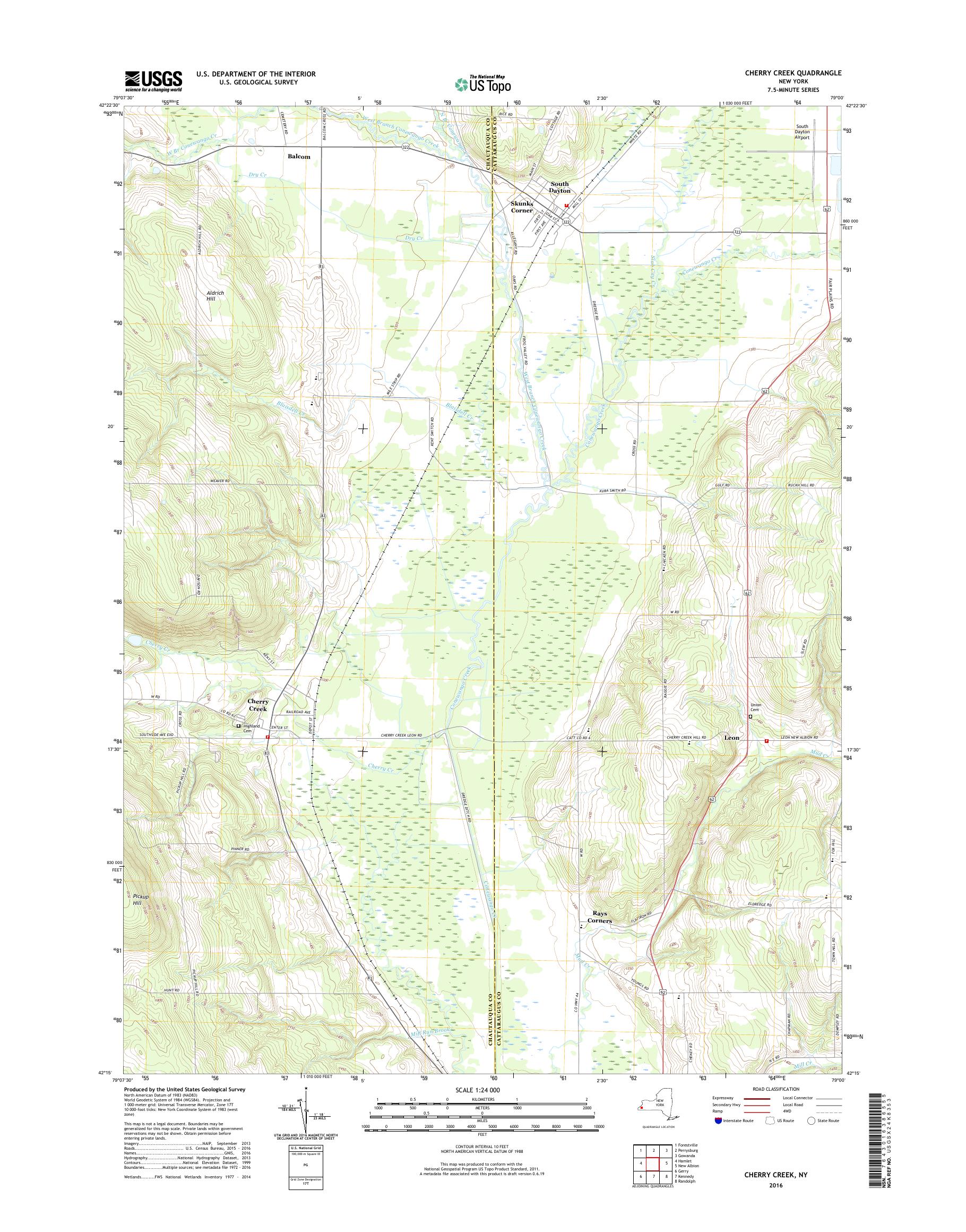 MyTopo Cherry Creek, New York USGS Quad Topo Map