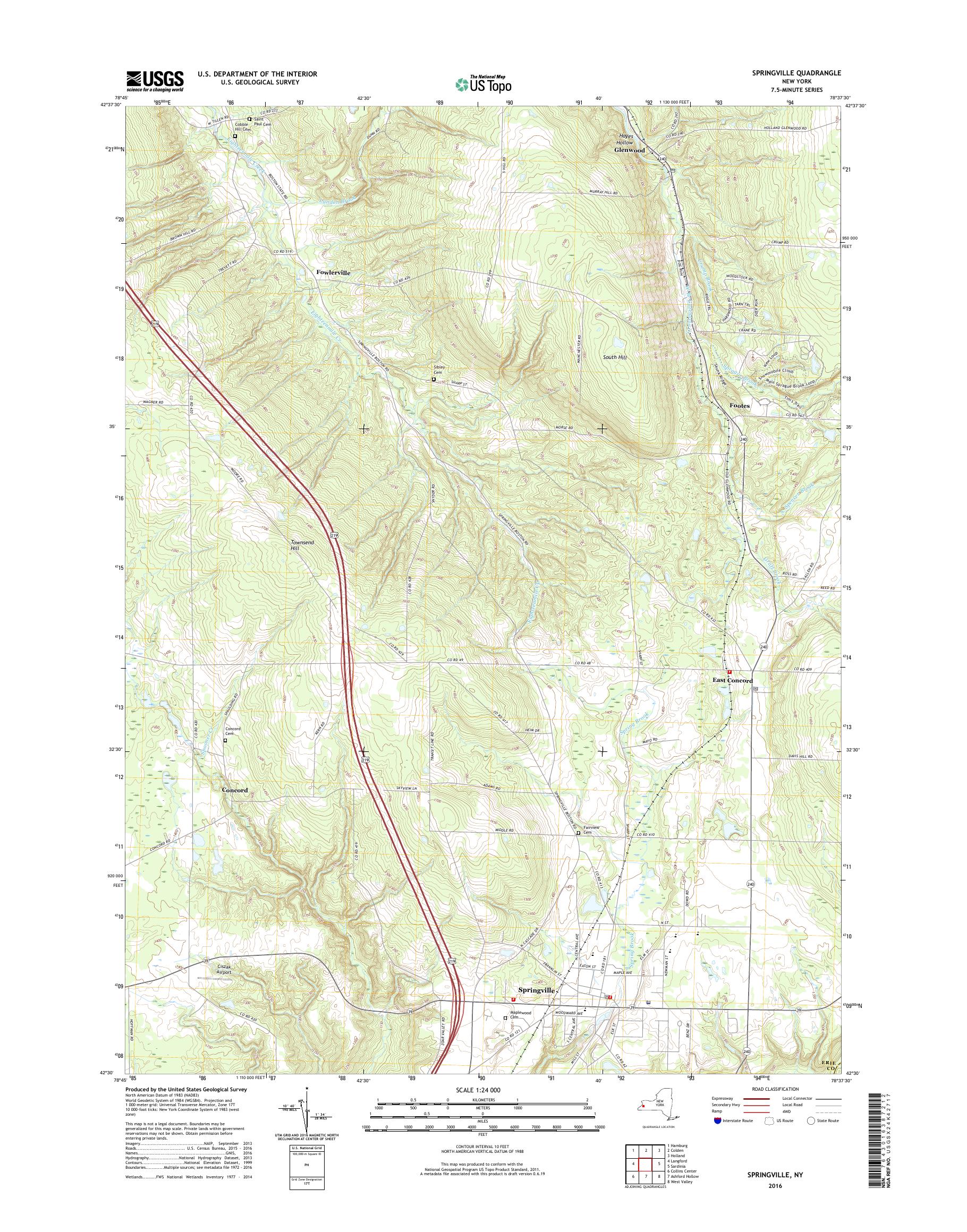 MyTopo Springville, New York USGS Quad Topo Map