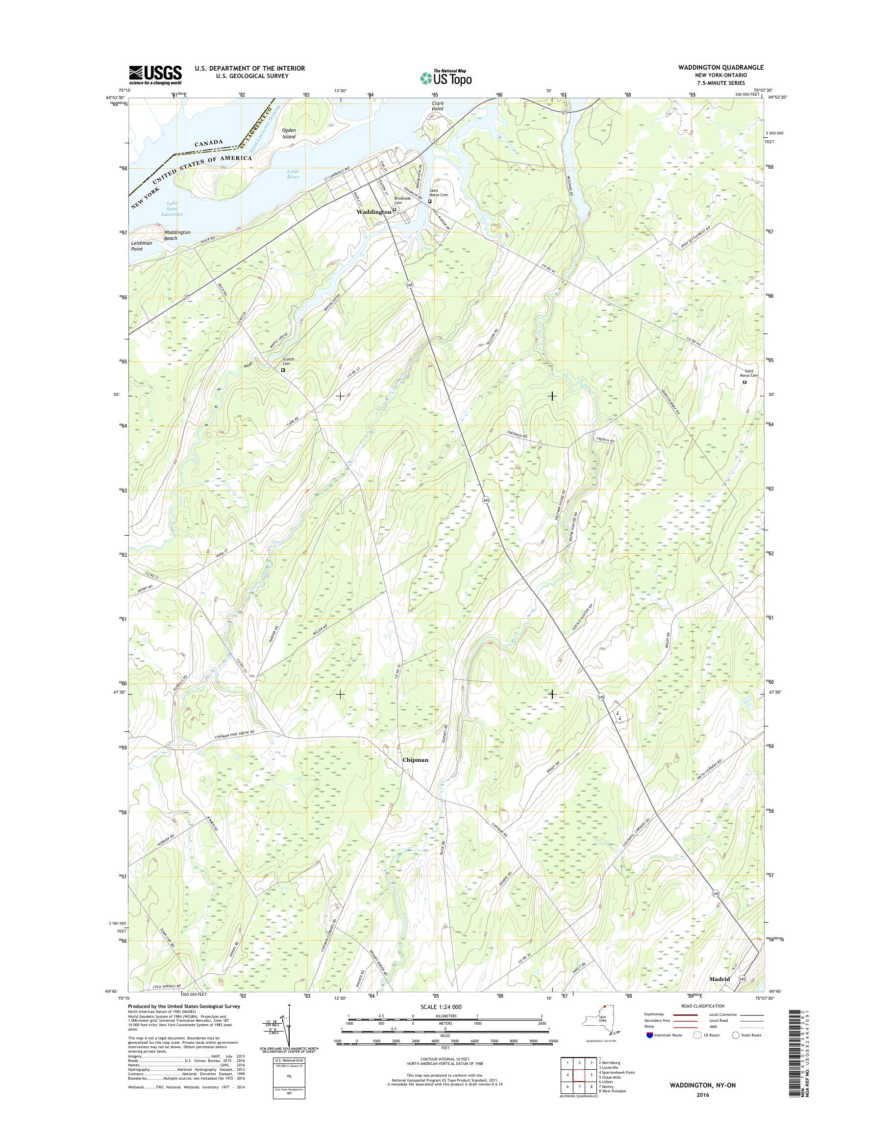 MyTopo Waddington, New York USGS Quad Topo Map
