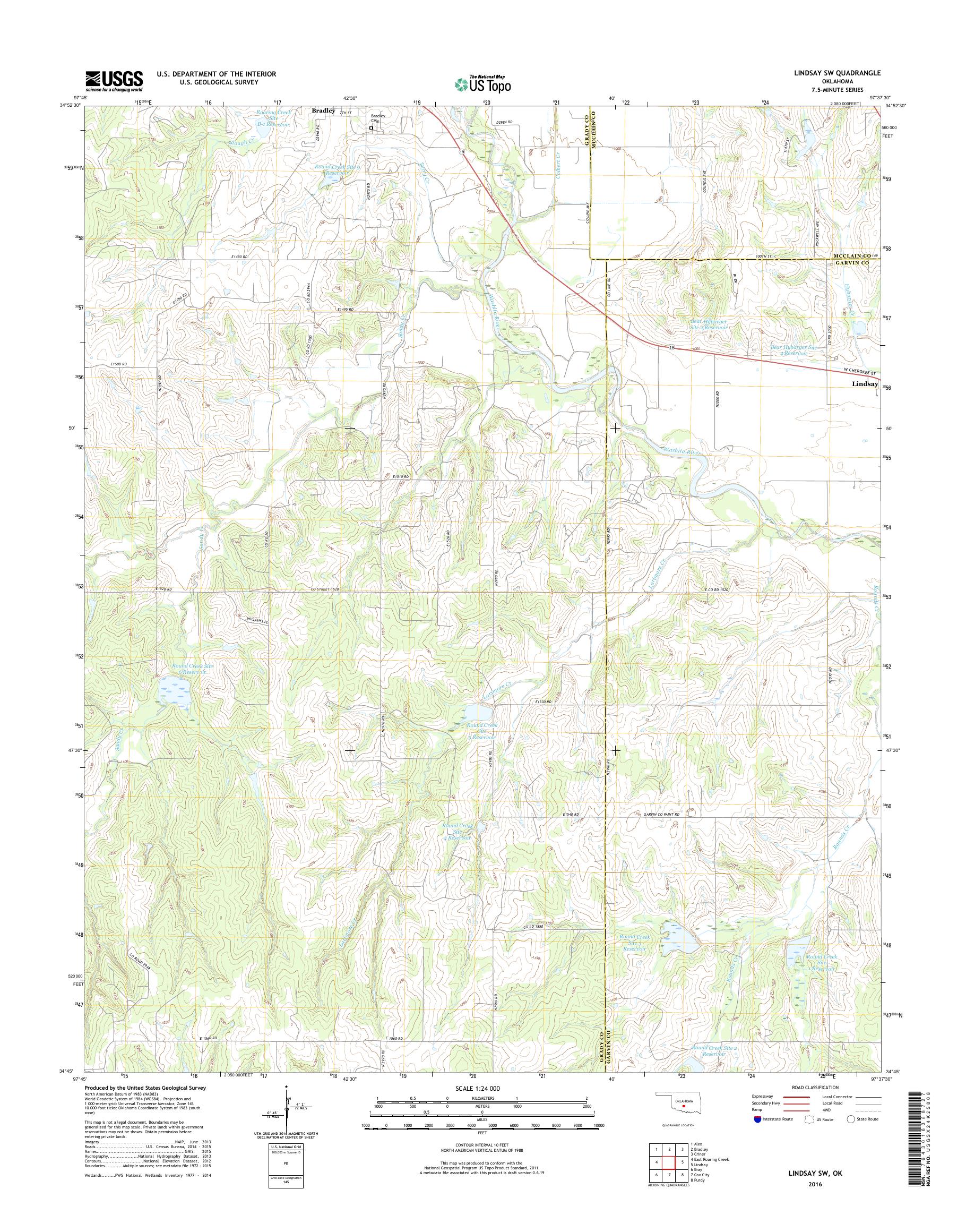 MyTopo Lindsay SW, Oklahoma USGS Quad Topo Map