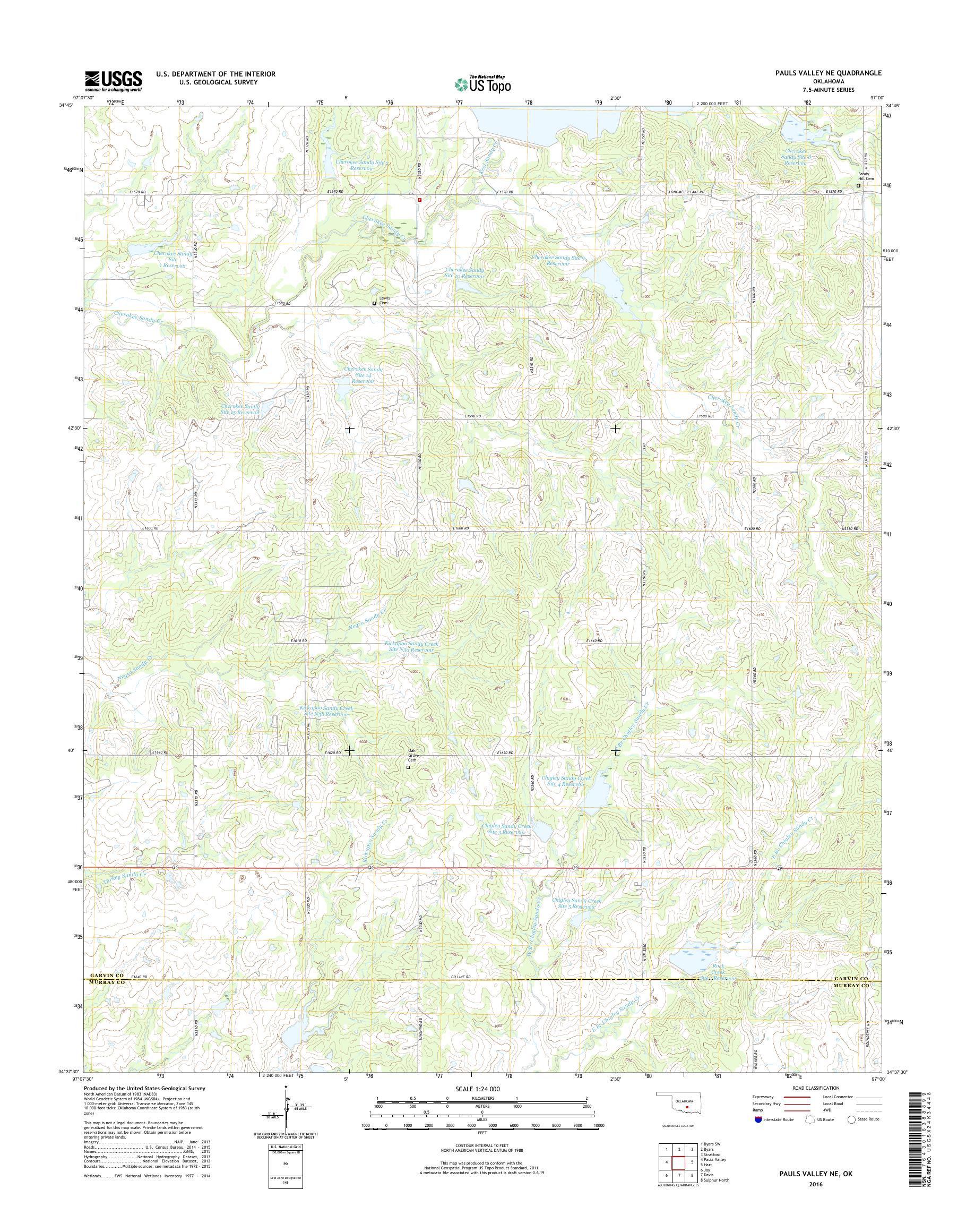 MyTopo Pauls Valley NE, Oklahoma USGS Quad Topo Map