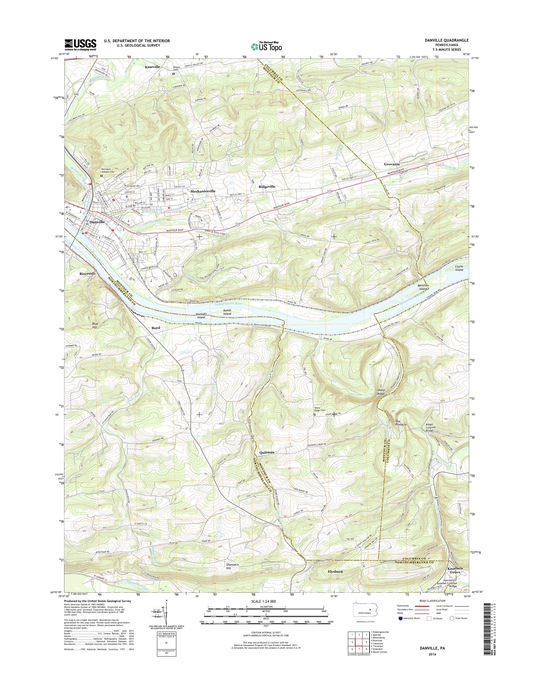 MyTopo Danville, Pennsylvania USGS Quad Topo Map