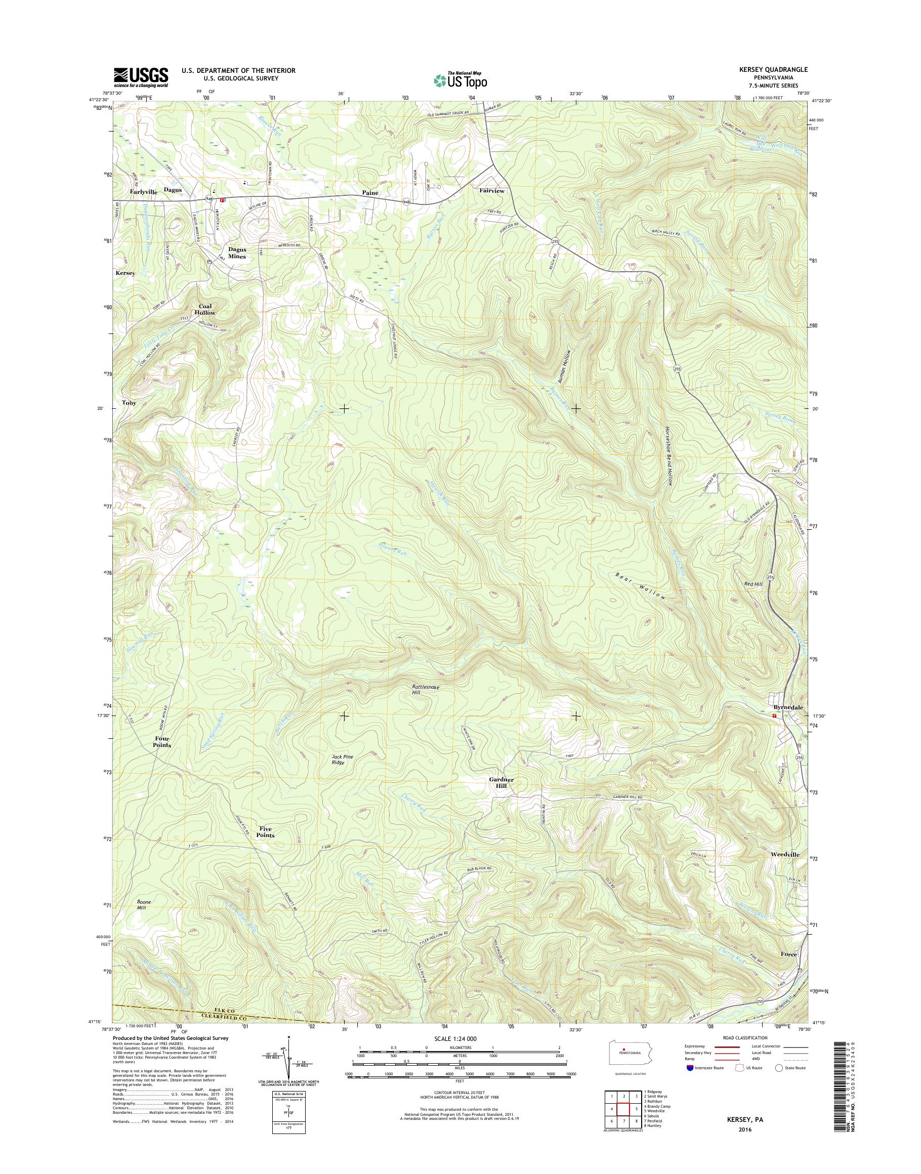 MyTopo Kersey, Pennsylvania USGS Quad Topo Map
