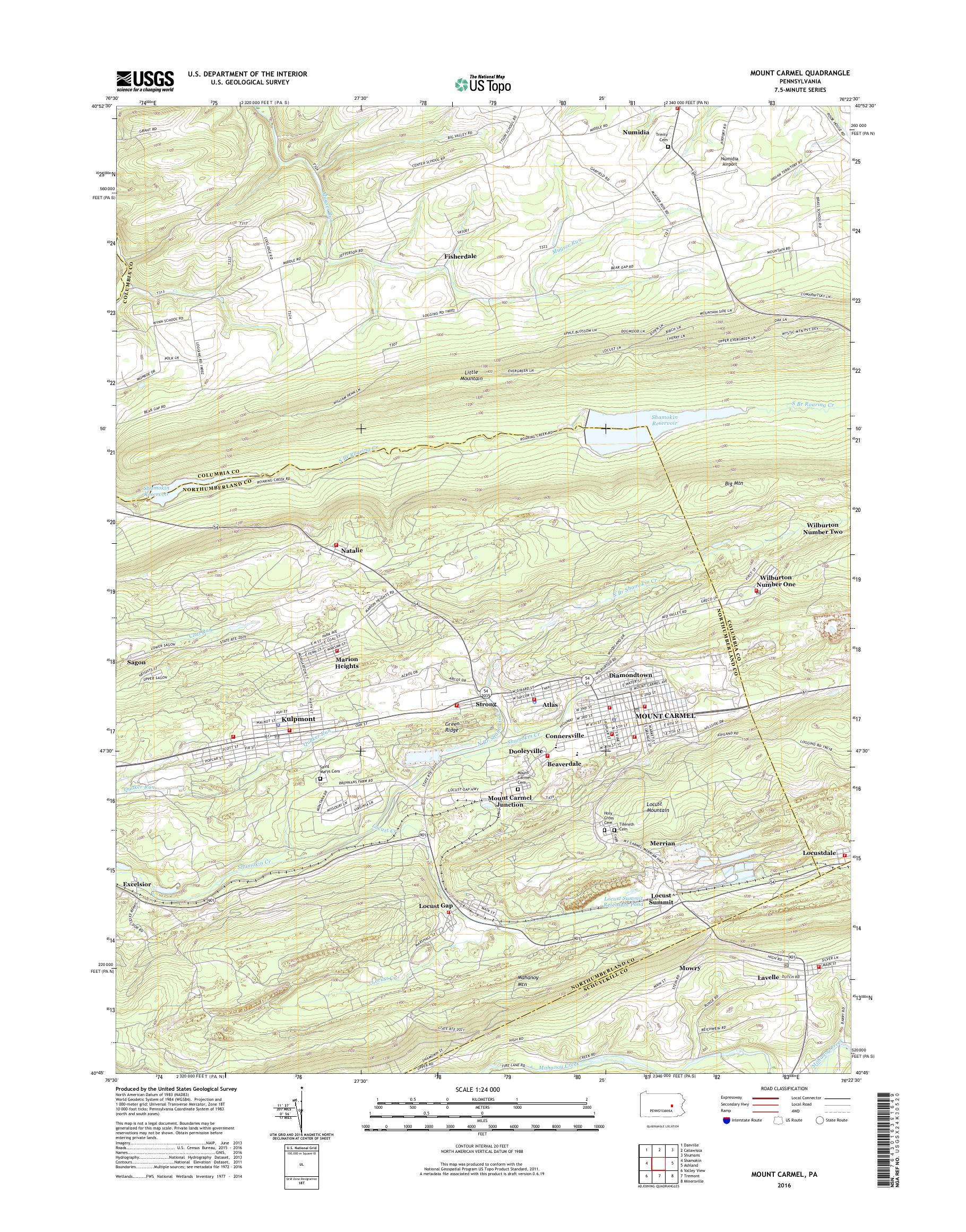 MyTopo Mount Carmel, Pennsylvania USGS Quad Topo Map