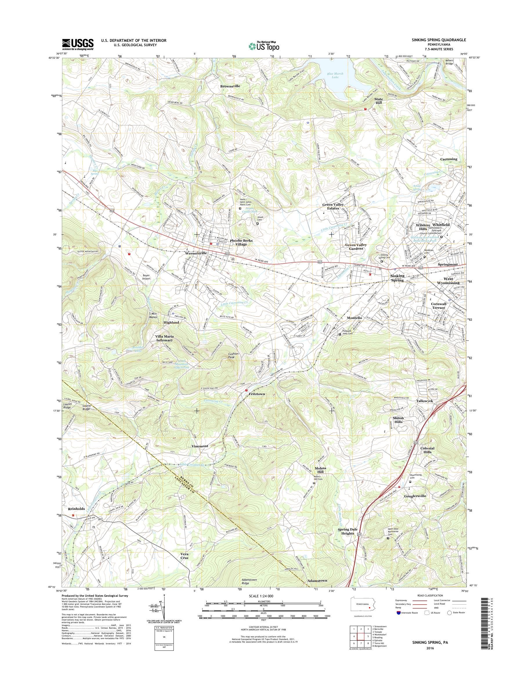 MyTopo Sinking Spring, Pennsylvania USGS Quad Topo Map