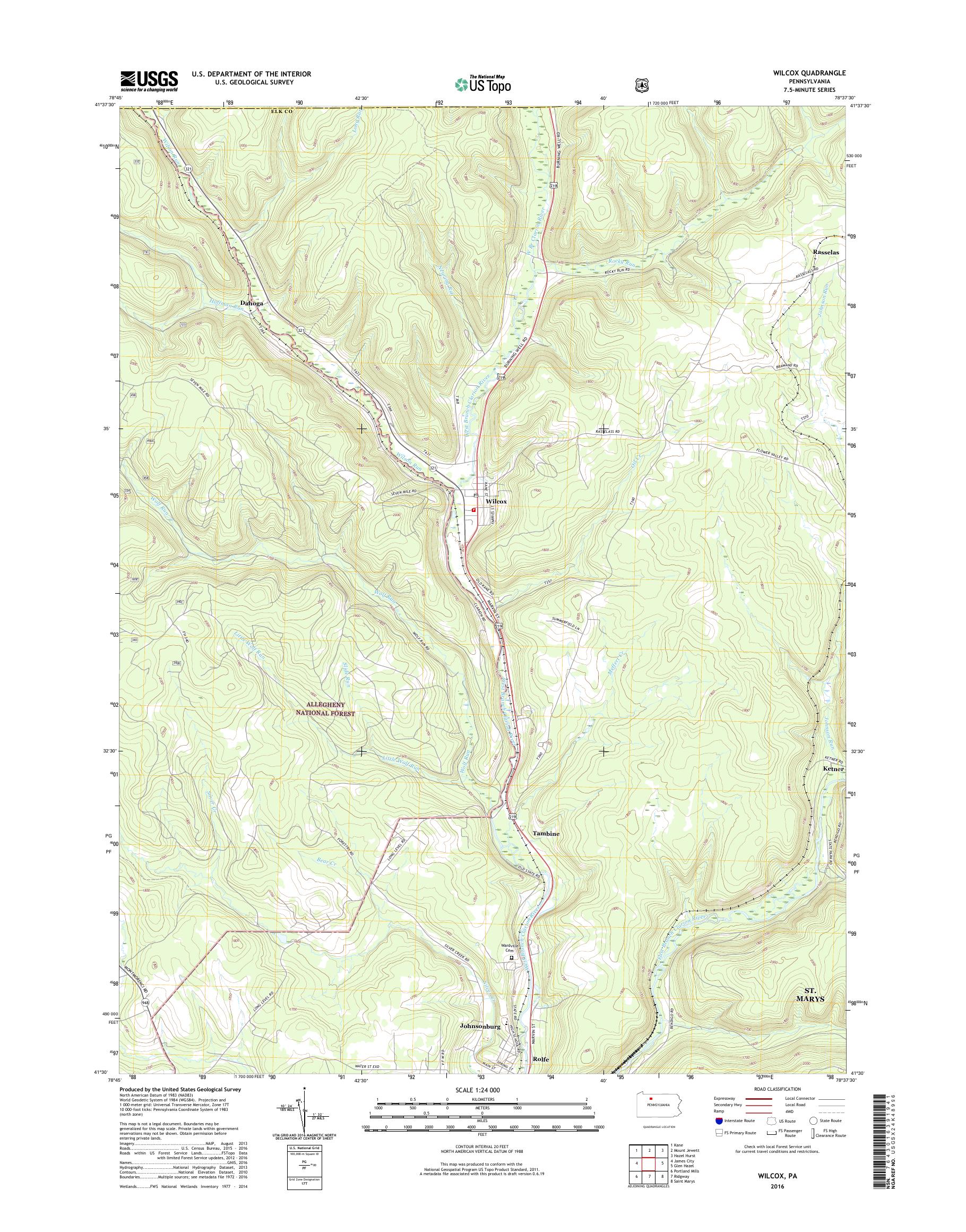 MyTopo Wilcox, Pennsylvania USGS Quad Topo Map