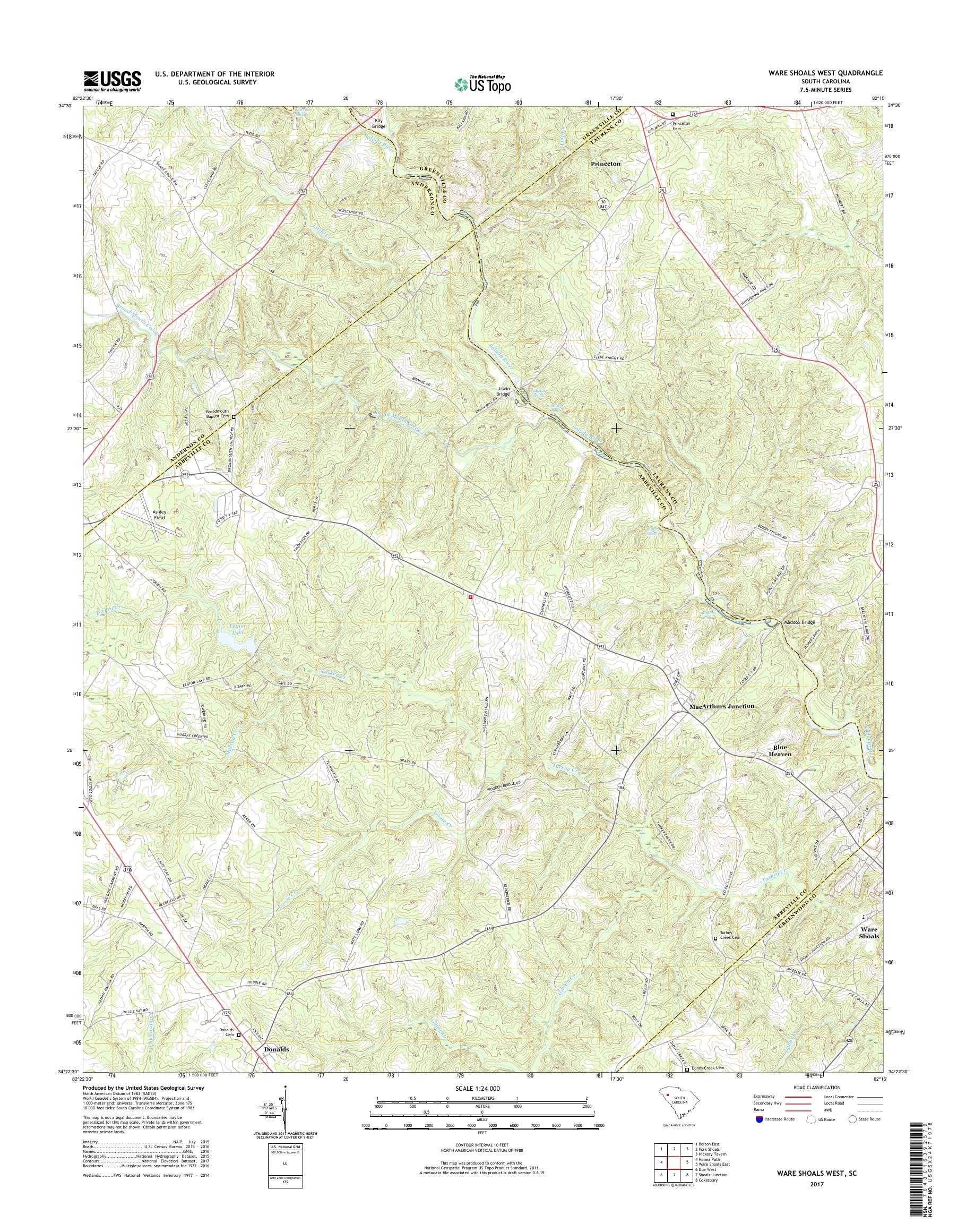 MyTopo Ware Shoals West, South Carolina USGS Quad Topo Map
