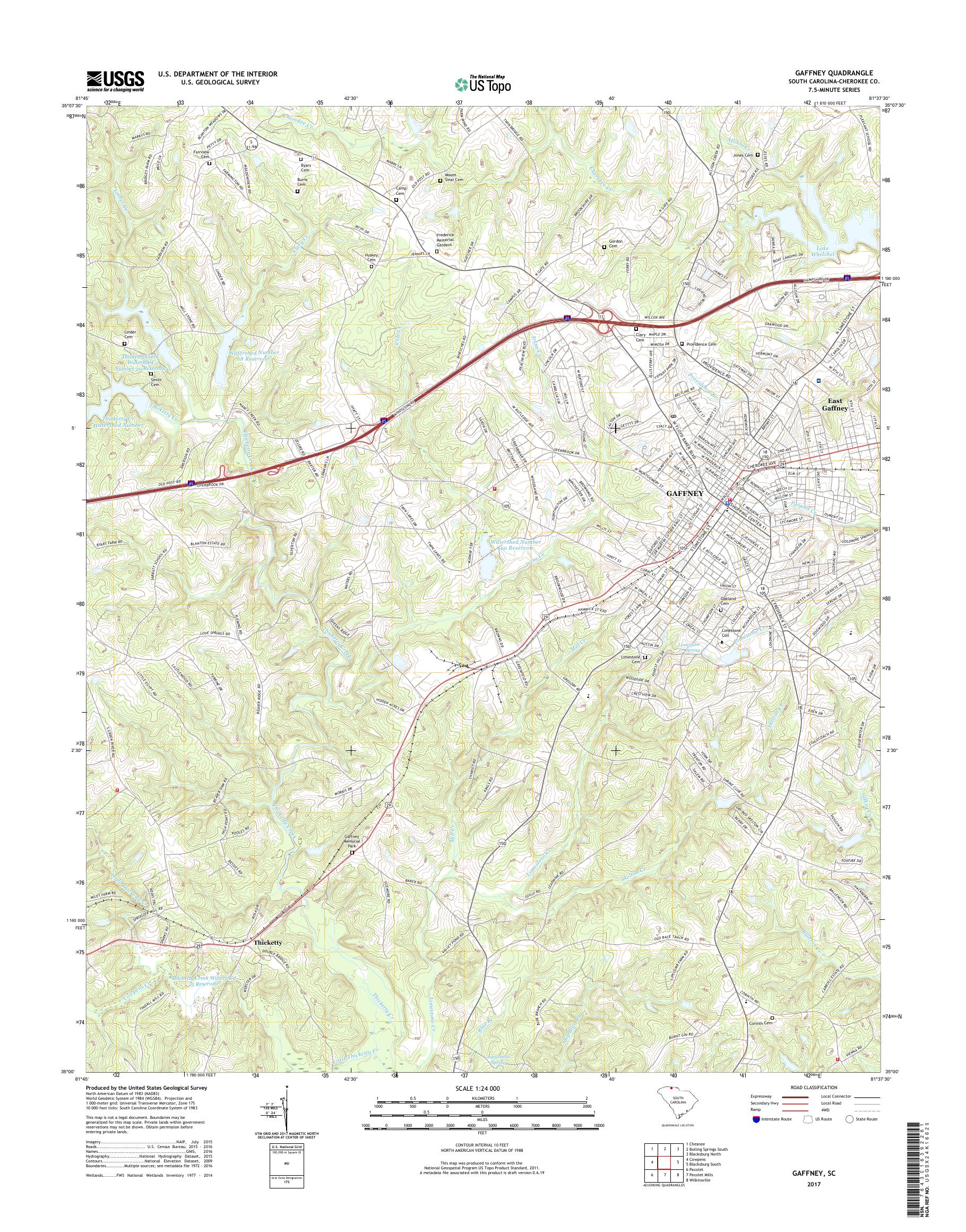 MyTopo Gaffney, South Carolina USGS Quad Topo Map