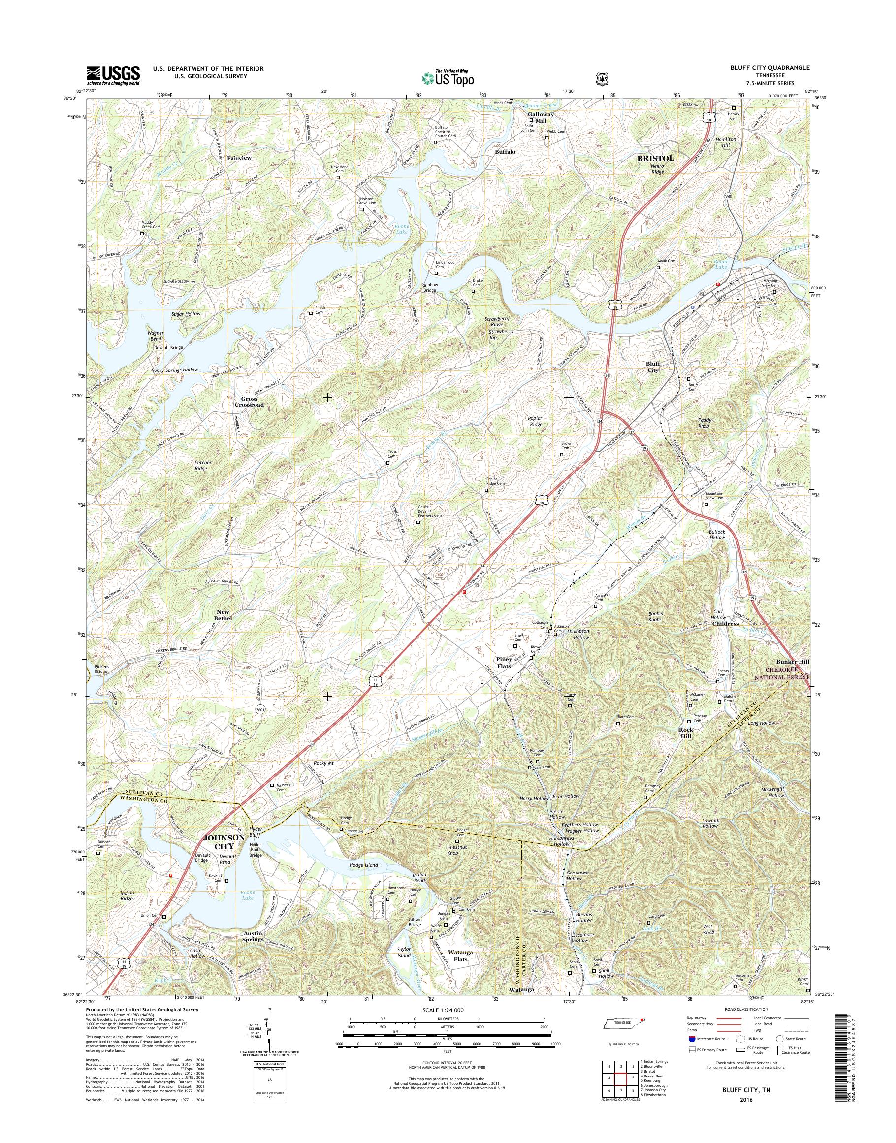 MyTopo Bluff City, Tennessee USGS Quad Topo Map
