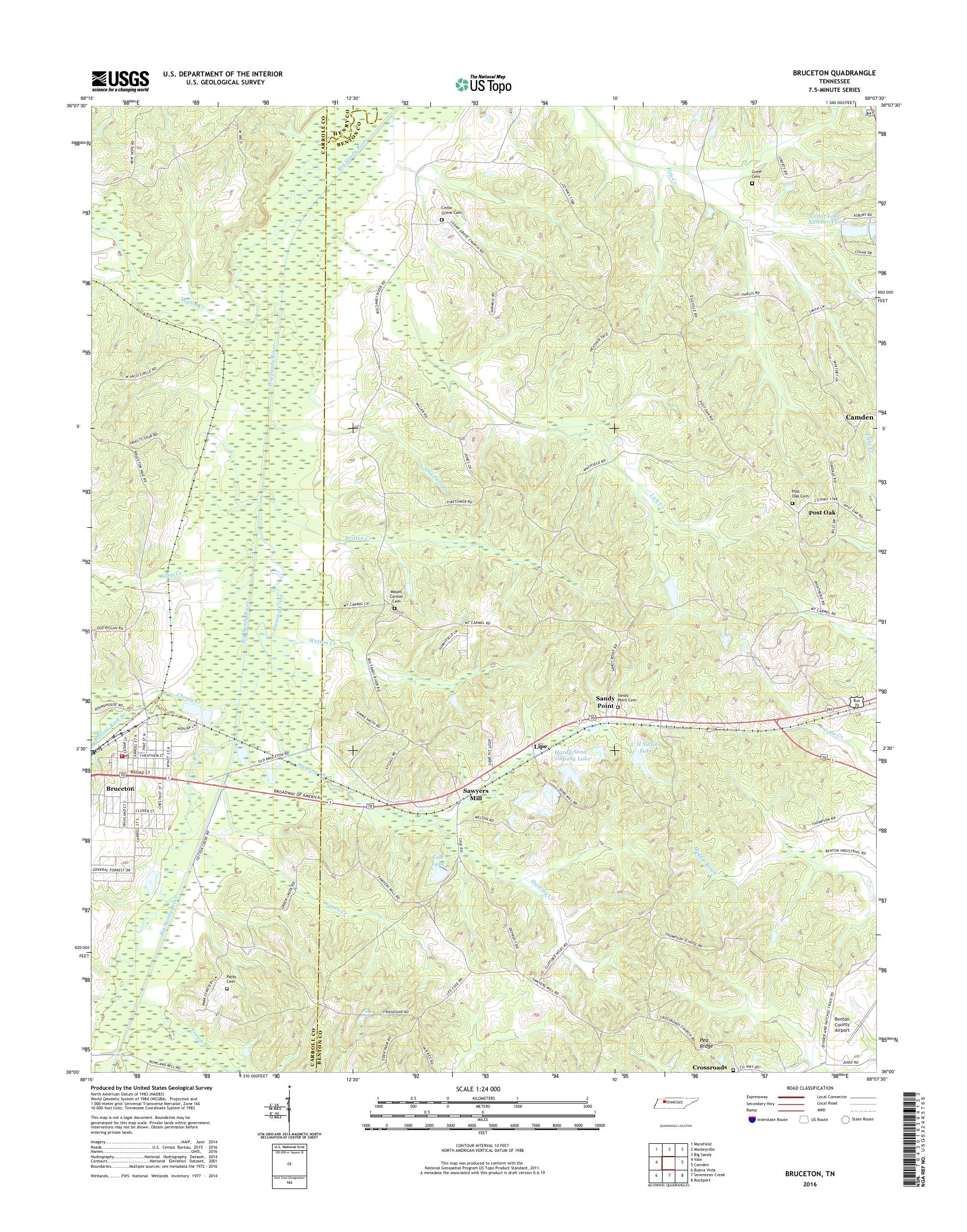 MyTopo Bruceton, Tennessee USGS Quad Topo Map
