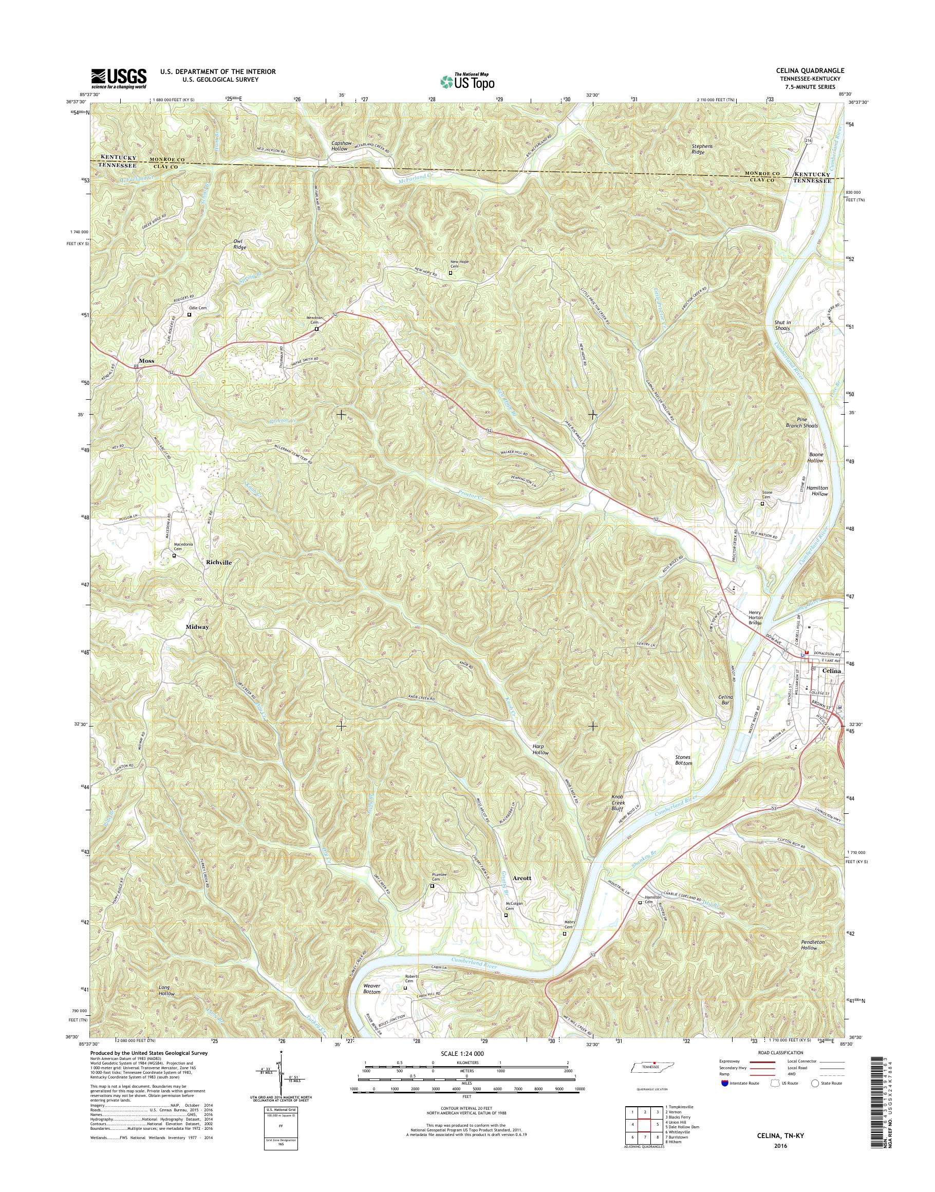 MyTopo Celina, Tennessee USGS Quad Topo Map