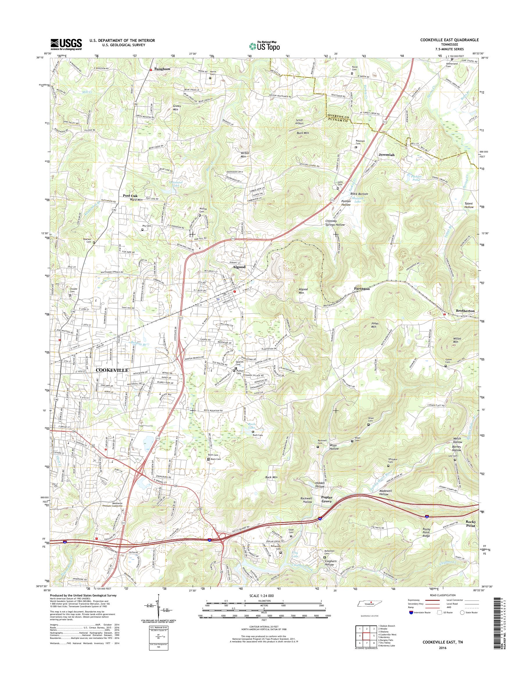 MyTopo Cookeville East, Tennessee USGS Quad Topo Map