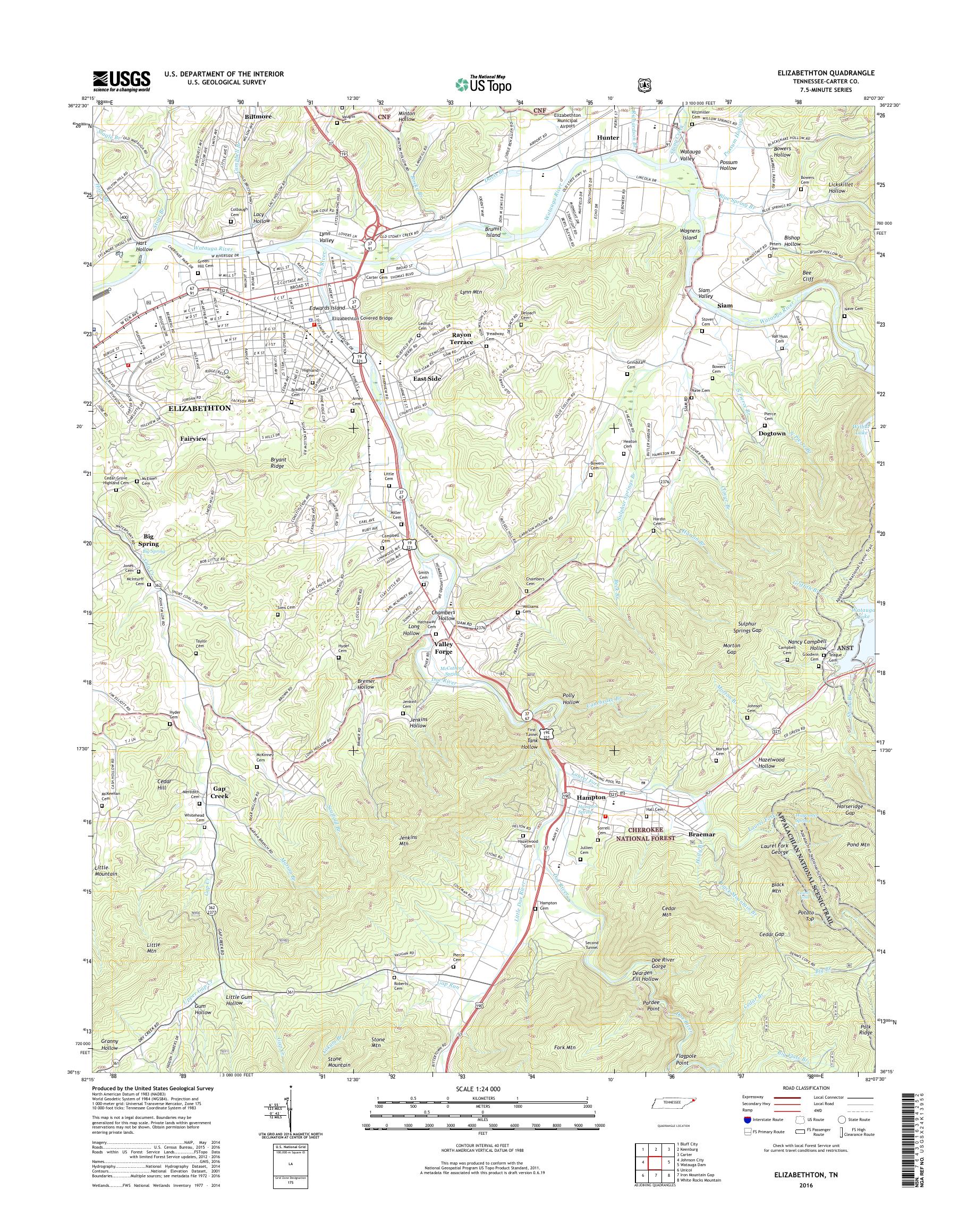 MyTopo Elizabethton, Tennessee USGS Quad Topo Map