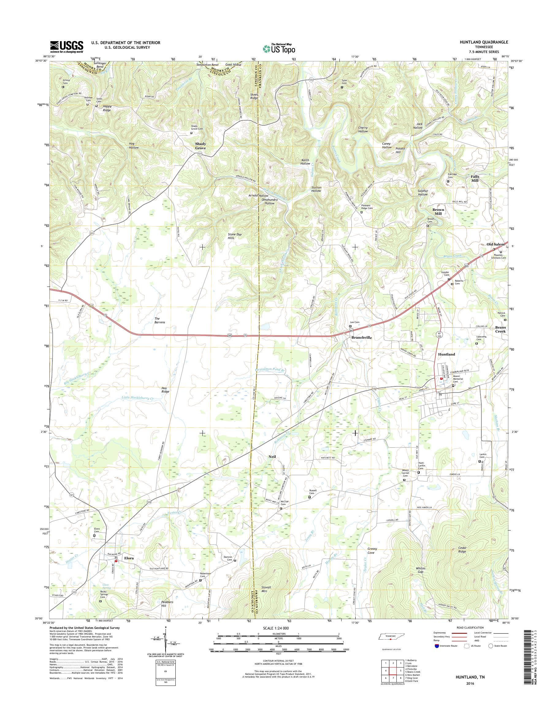 MyTopo Huntland, Tennessee USGS Quad Topo Map