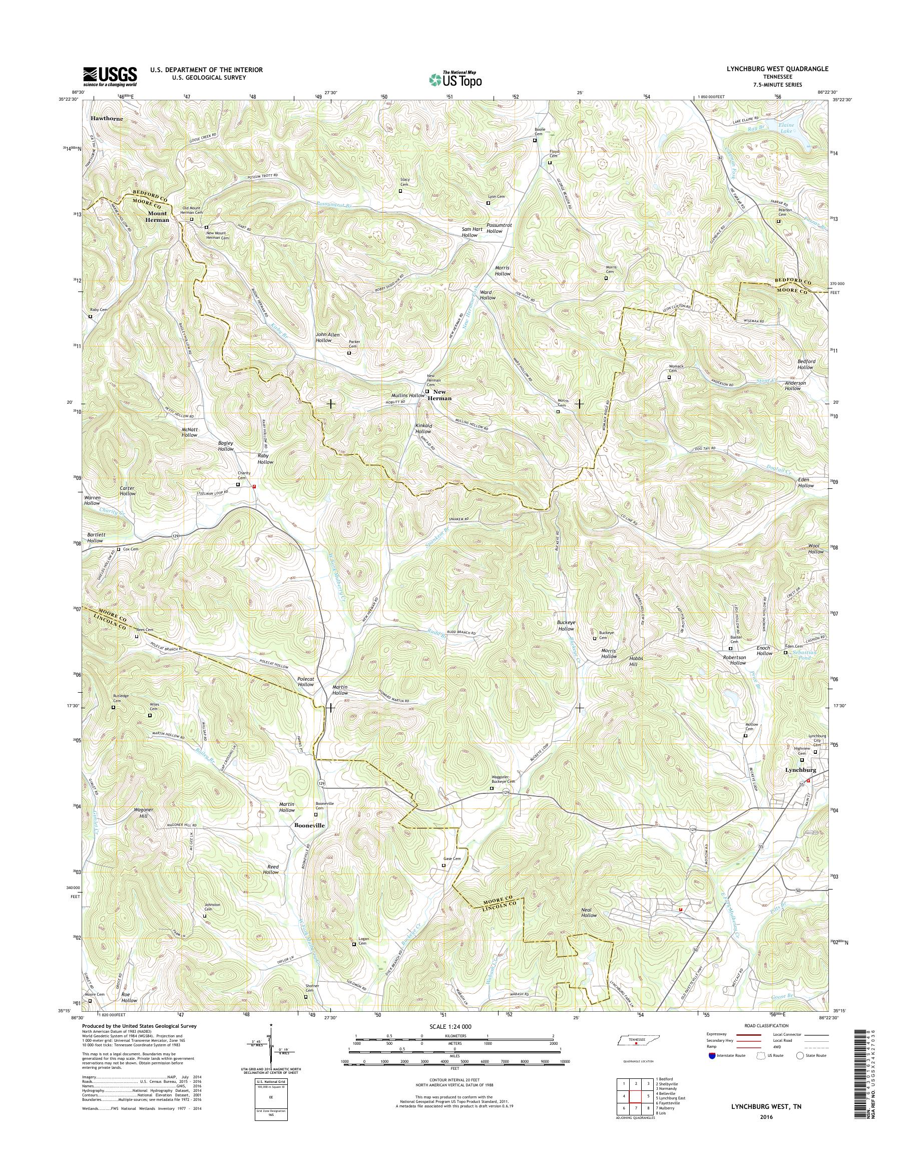MyTopo Lynchburg West, Tennessee USGS Quad Topo Map