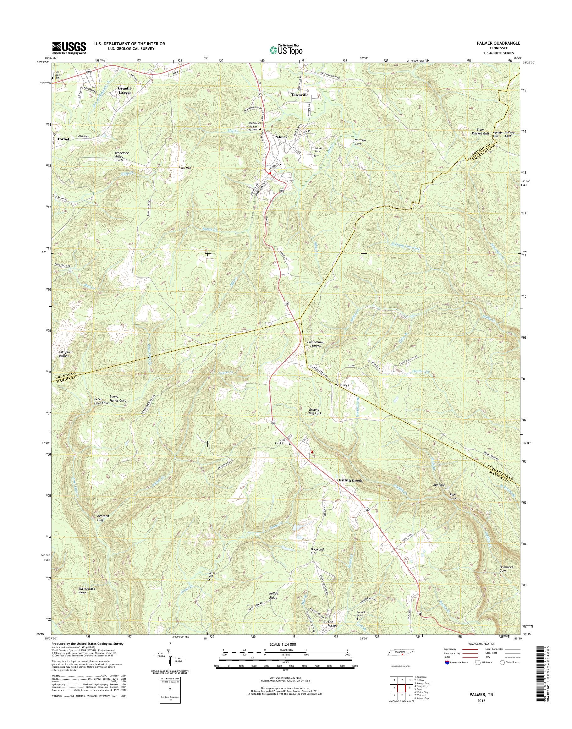 MyTopo Palmer, Tennessee USGS Quad Topo Map