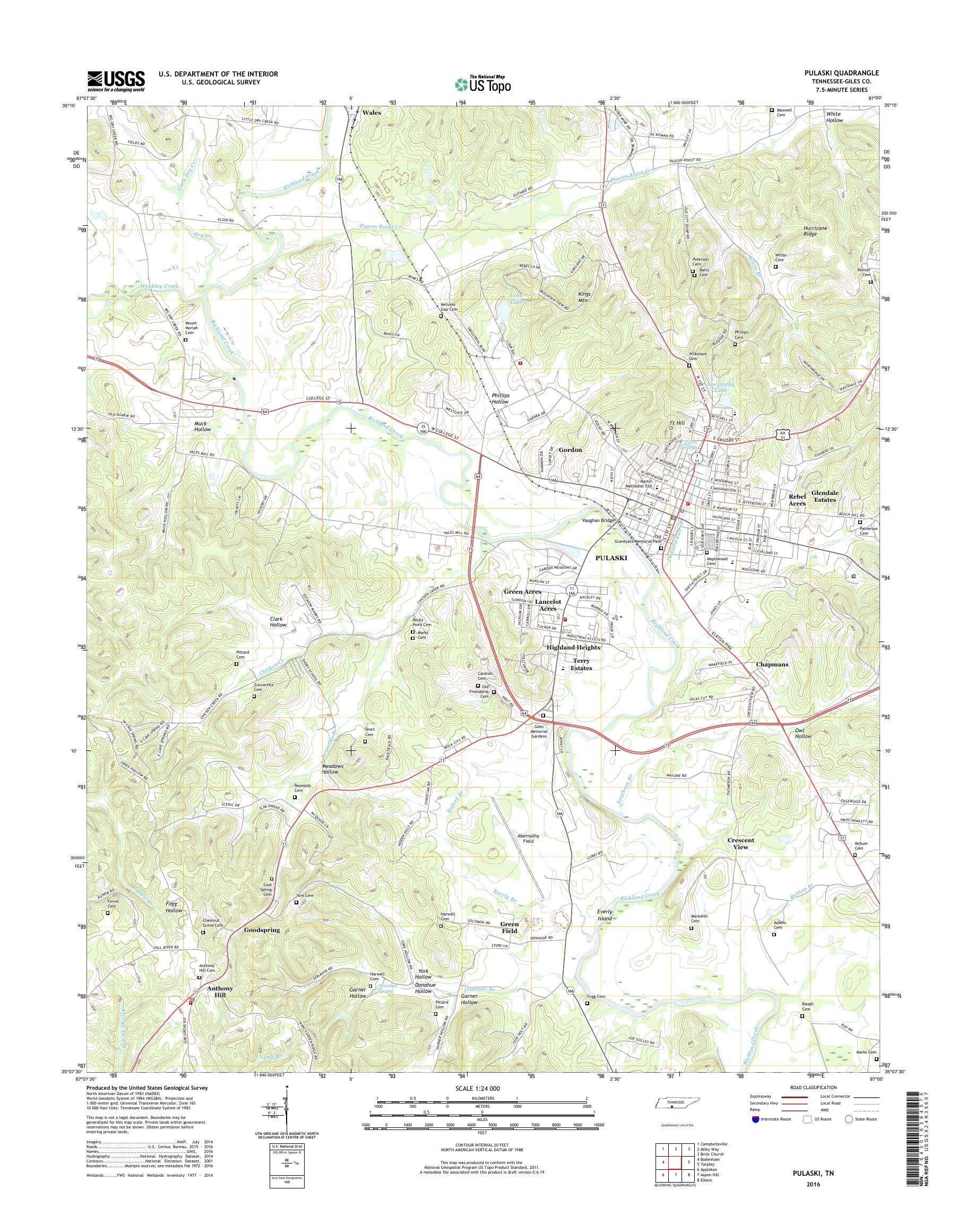 MyTopo Pulaski, Tennessee USGS Quad Topo Map