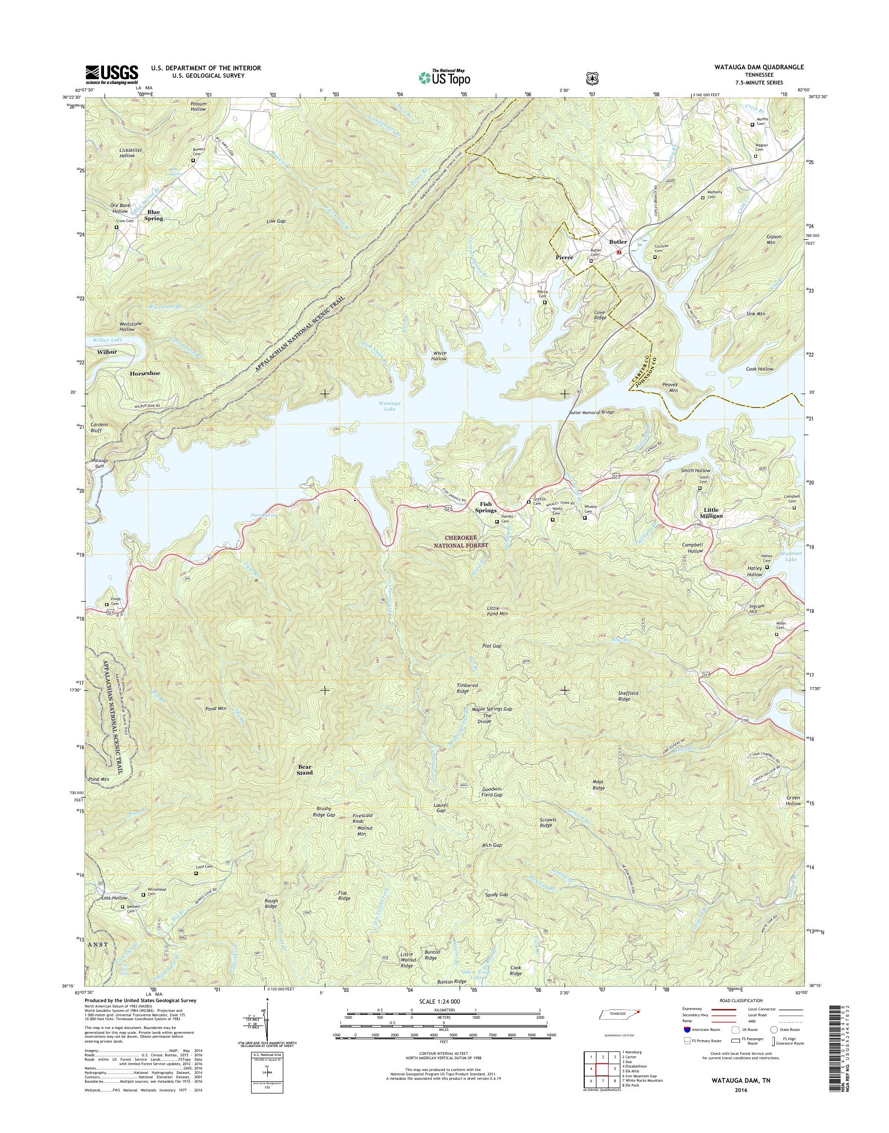 MyTopo Watauga Dam, Tennessee USGS Quad Topo Map