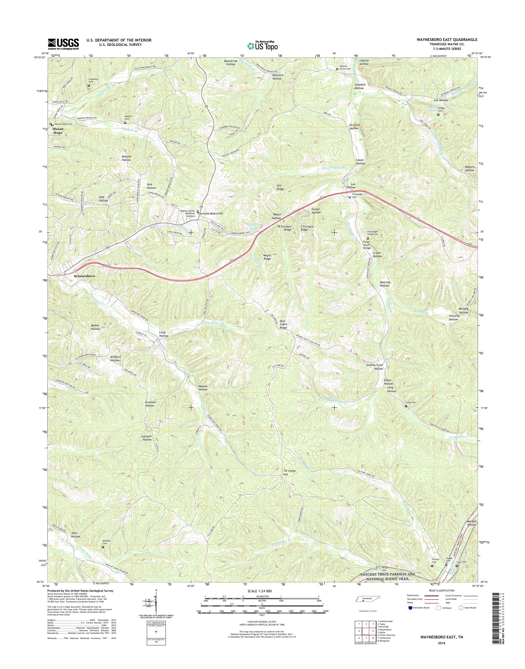 MyTopo Waynesboro East, Tennessee USGS Quad Topo Map