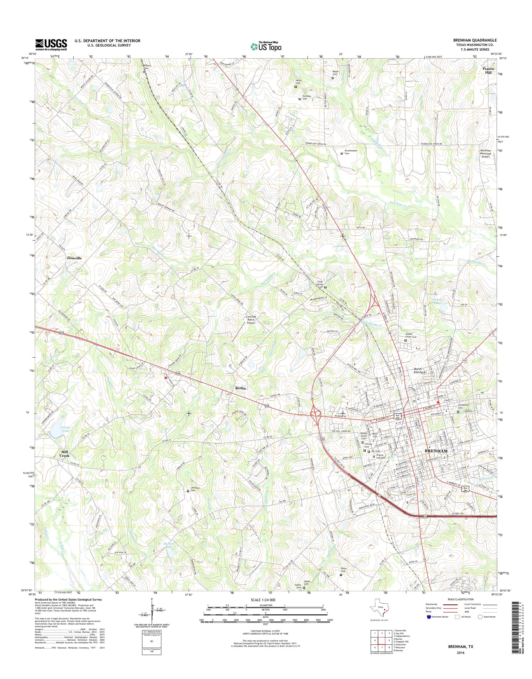 MyTopo Brenham, Texas USGS Quad Topo Map