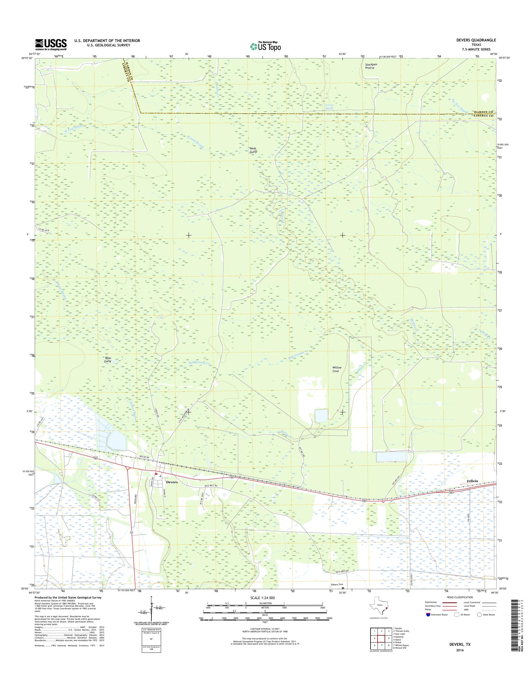 MyTopo Devers, Texas USGS Quad Topo Map